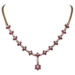 Unique Round Ruby Diamonds Necklace, 18K Yellow Gold 