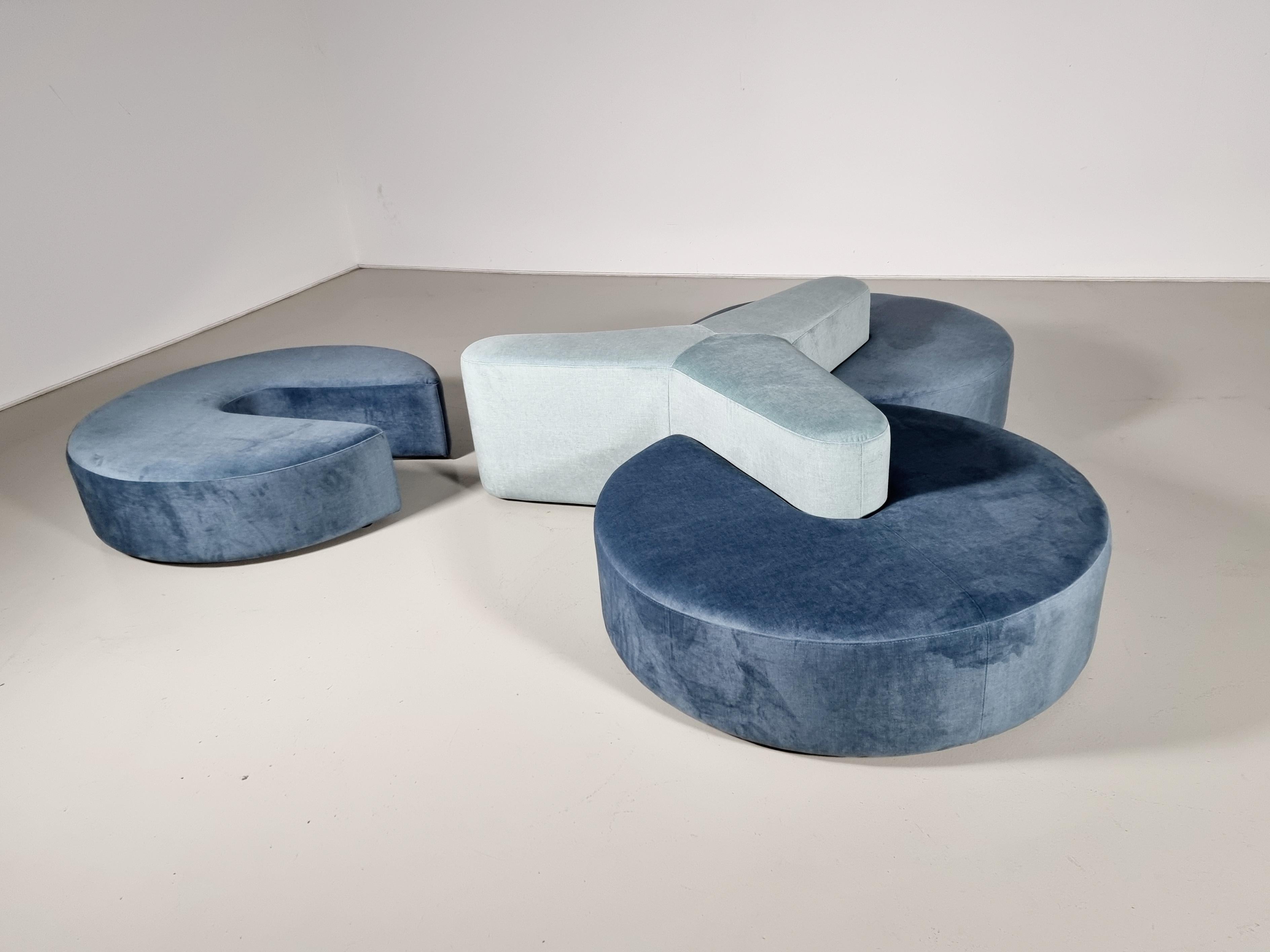 Velvet Unique Round Sofa in Blue and Green Made by Seltz Furniture, 1970s