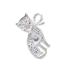 Unique Ruby and Sapphire Cat Sterling Silver Brooch Gift for Dad Jewelry Pin