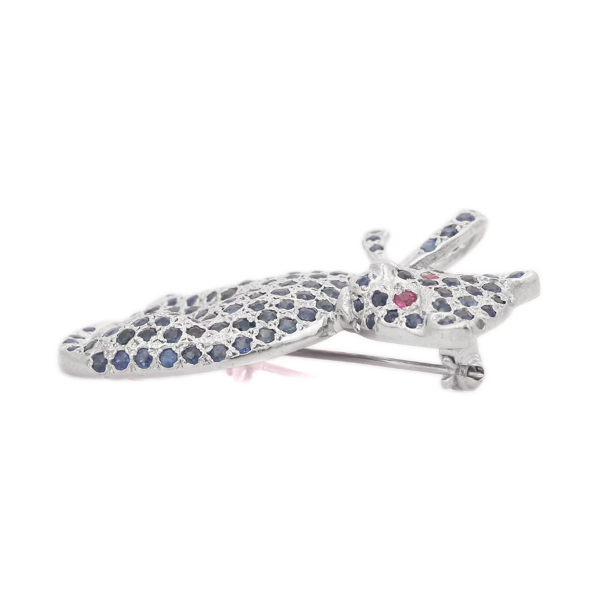 Art Deco Unique Ruby and Sapphire Cat Sterling Silver Brooch Gift For Sale