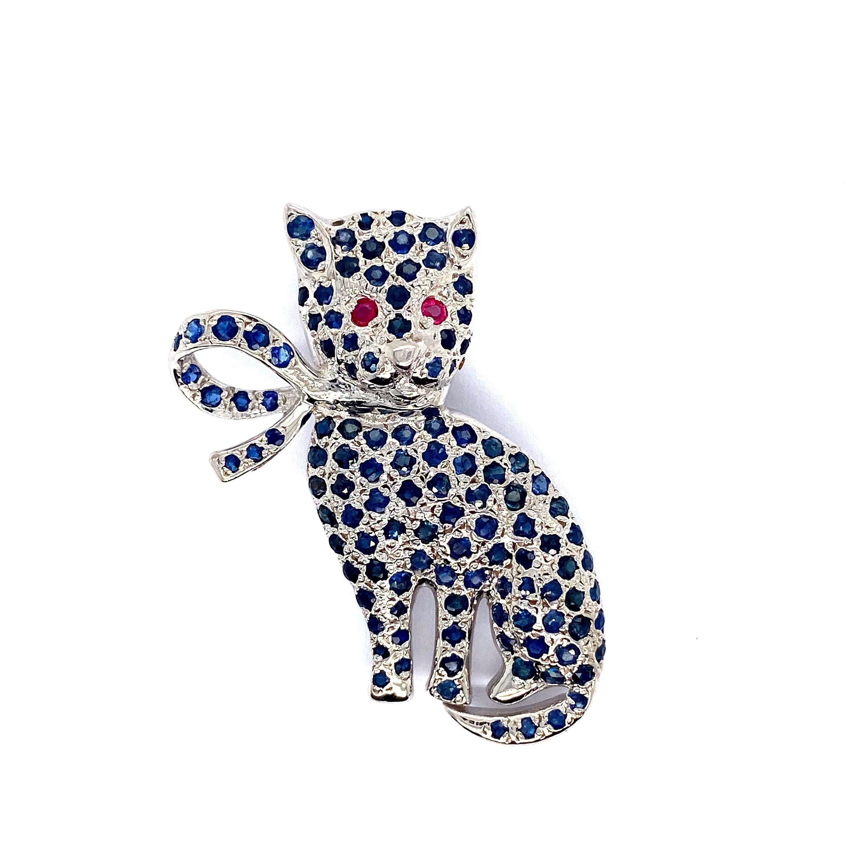 Art Deco Unique Ruby and Sapphire Cat Sterling Silver Brooch Gift