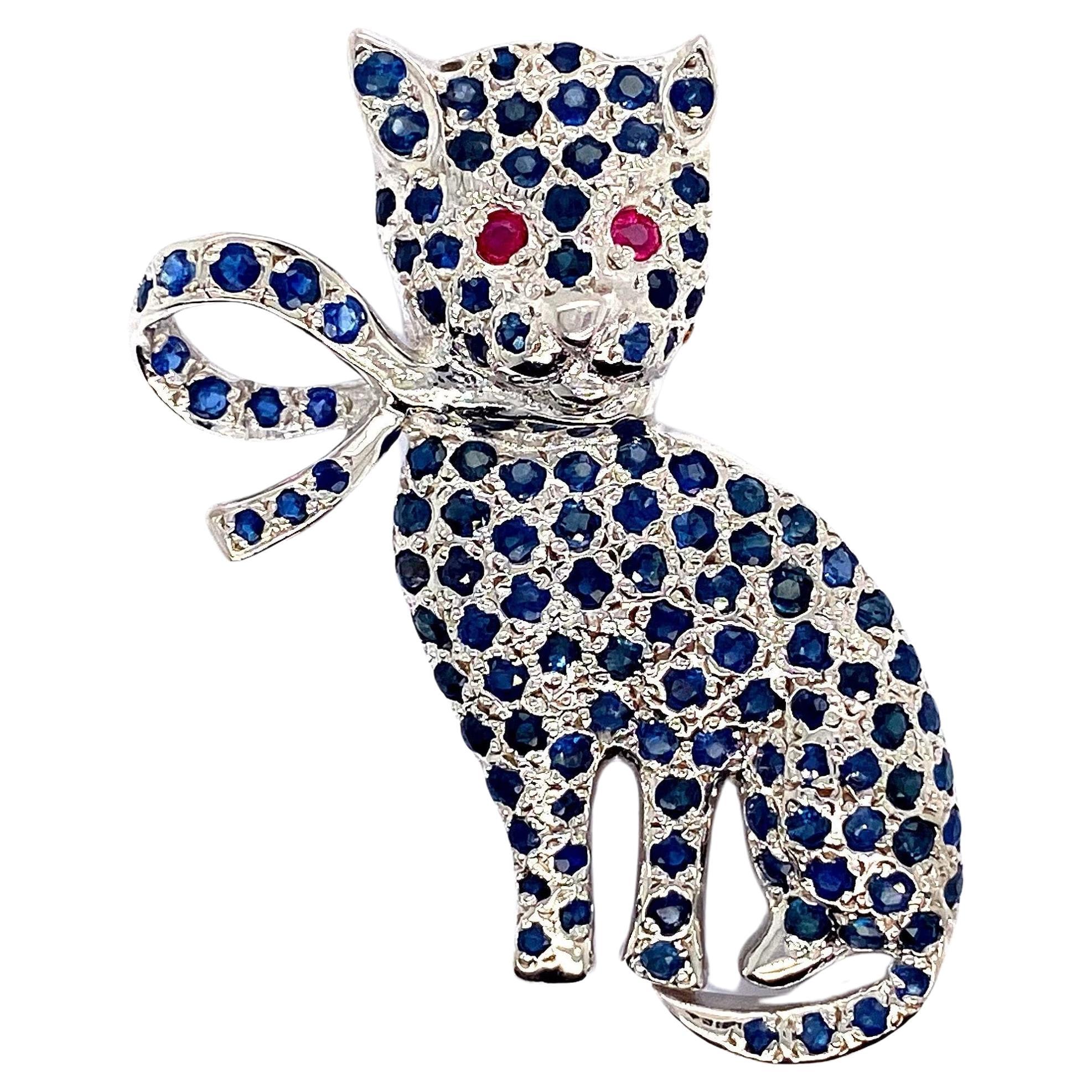 Unique Ruby and Sapphire Cat Sterling Silver Brooch Gift