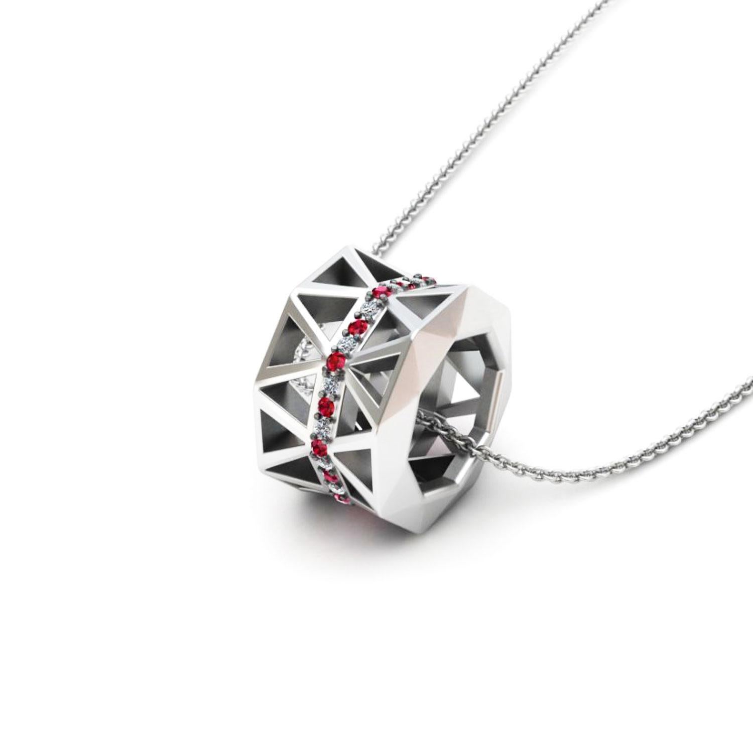 Colgante de oro blanco de 18 quilates
*Mismo Modelo con otras piedras y oro disponibles 

Diamante 0,8 ct
Rubí 0,8
Peso 8 gramos
 
Esta colección fue creada inspirándose en la maravillosa y controvertida
Castel Del Monte (Castillo de la Montaña)