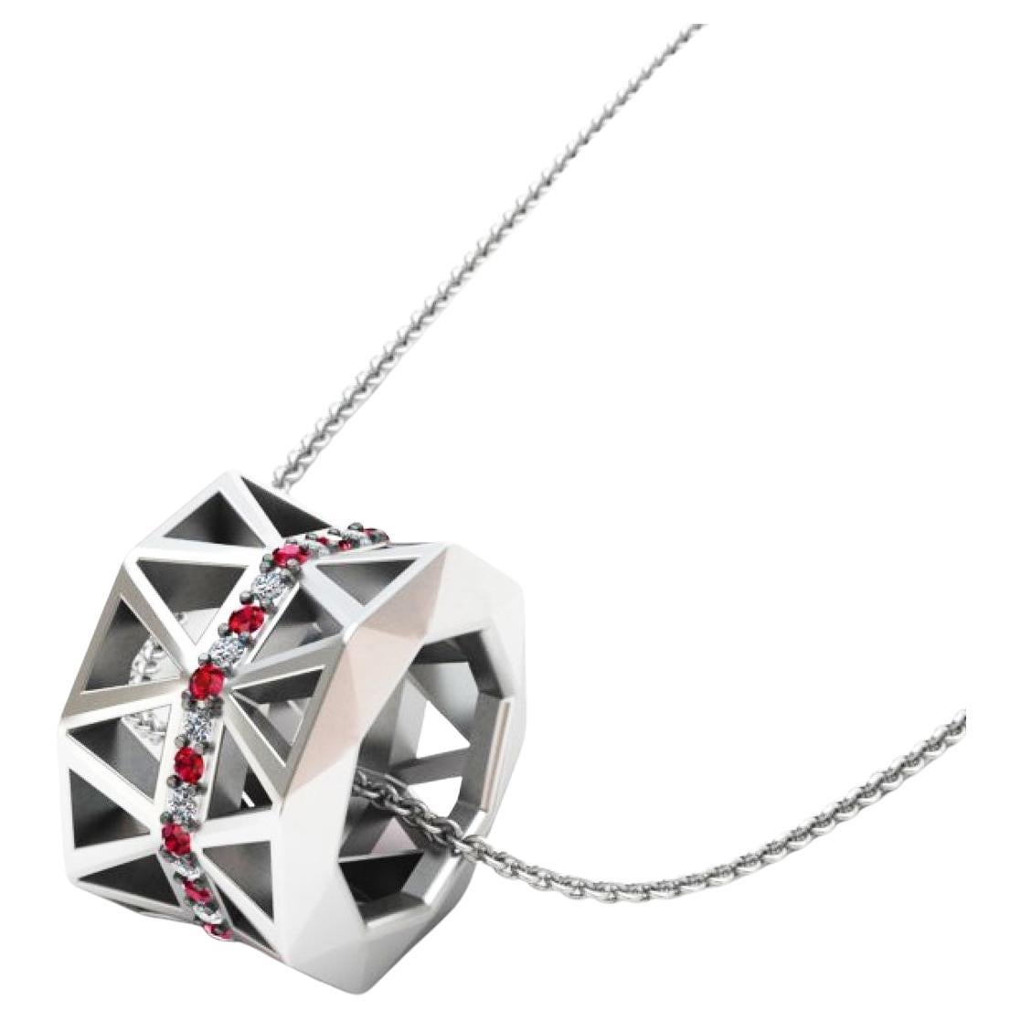 Pendentif unique en or blanc 18 carats avec rubis et diamants, élégant pour elle et lui