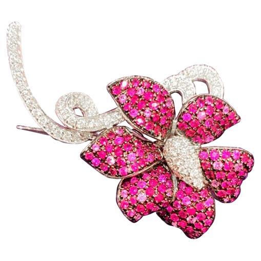 Unique Ruby Pink Sapphire Diamond Floral White Gold Brooch for Her For Sale