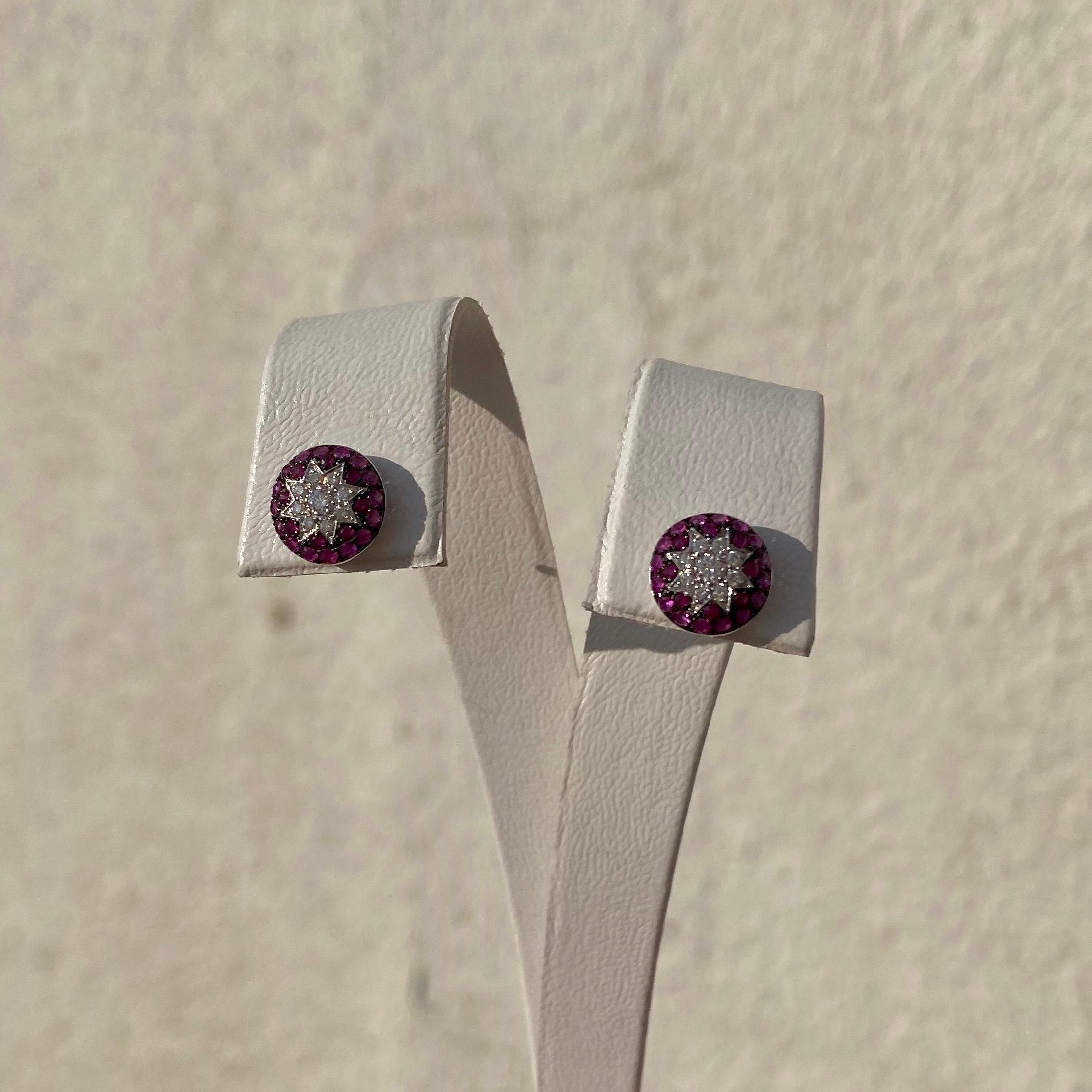 Unique Ruby Pink Sapphire Diamond White Gold Alatyr Star Earrings In New Condition For Sale In Montreux, CH