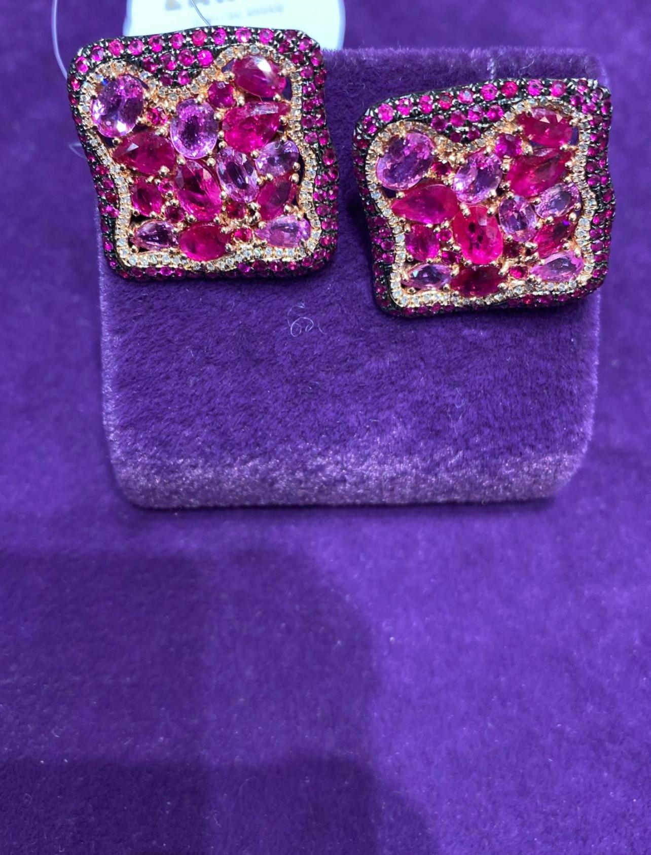 Modern Unique Ruby Pink Sapphire Diamonds Rose Gold 18K Earrings Lever-Back for Her For Sale