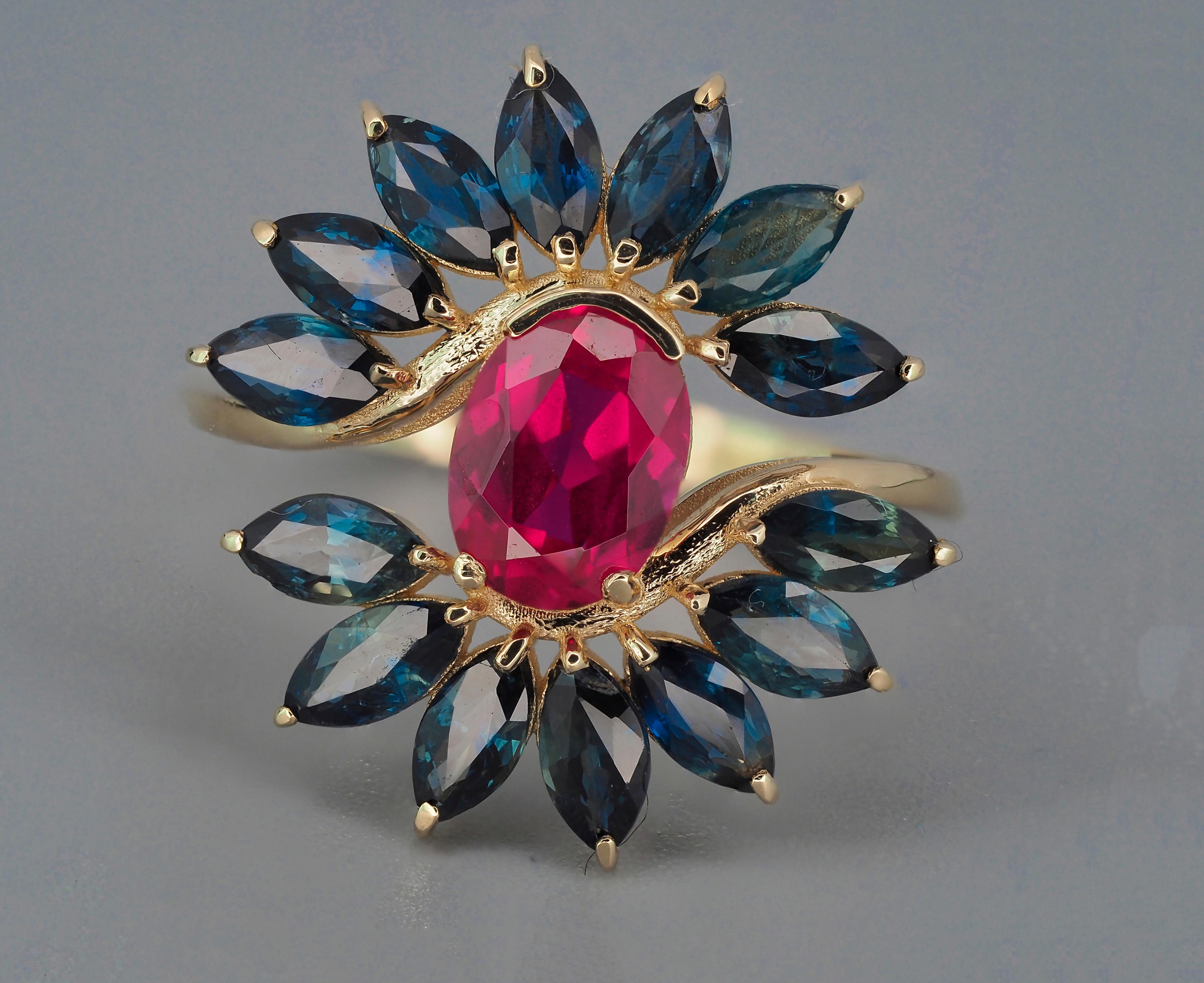 Modern Unique ruby, sapphire 14k gold ring.  For Sale