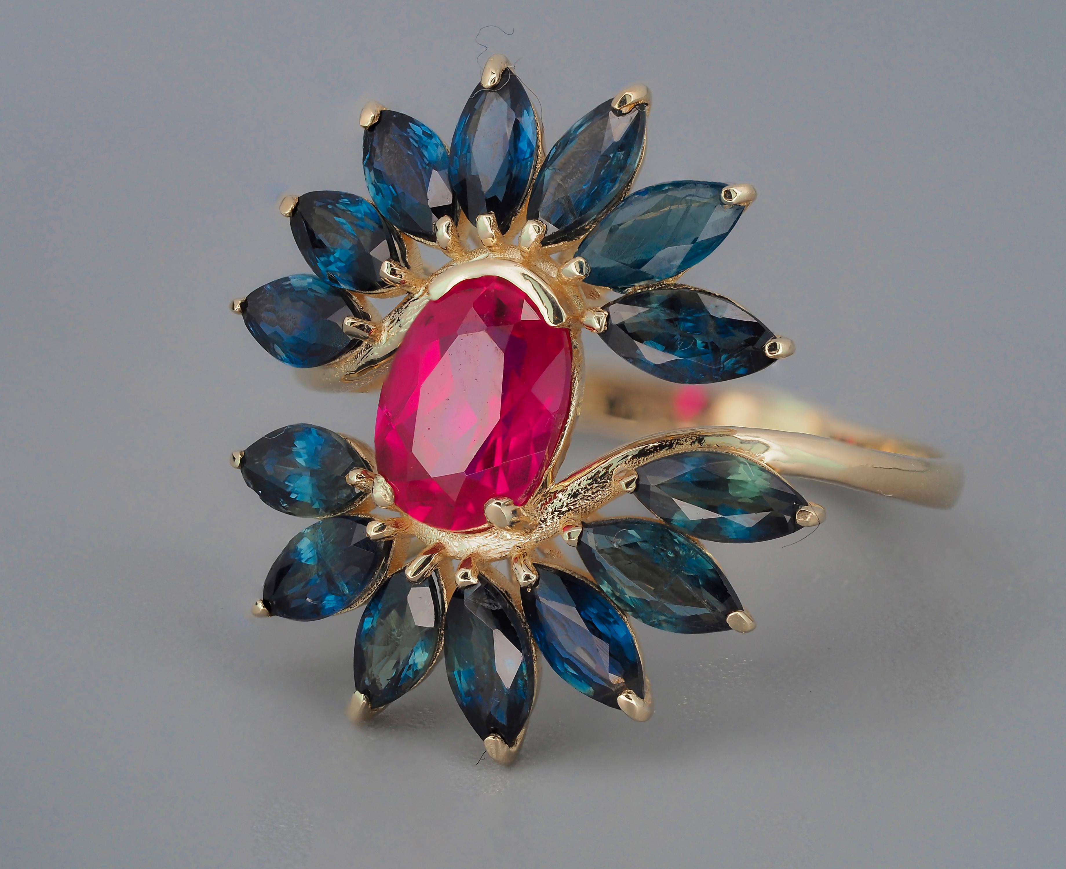 Oval Cut Unique ruby, sapphire 14k gold ring.  For Sale
