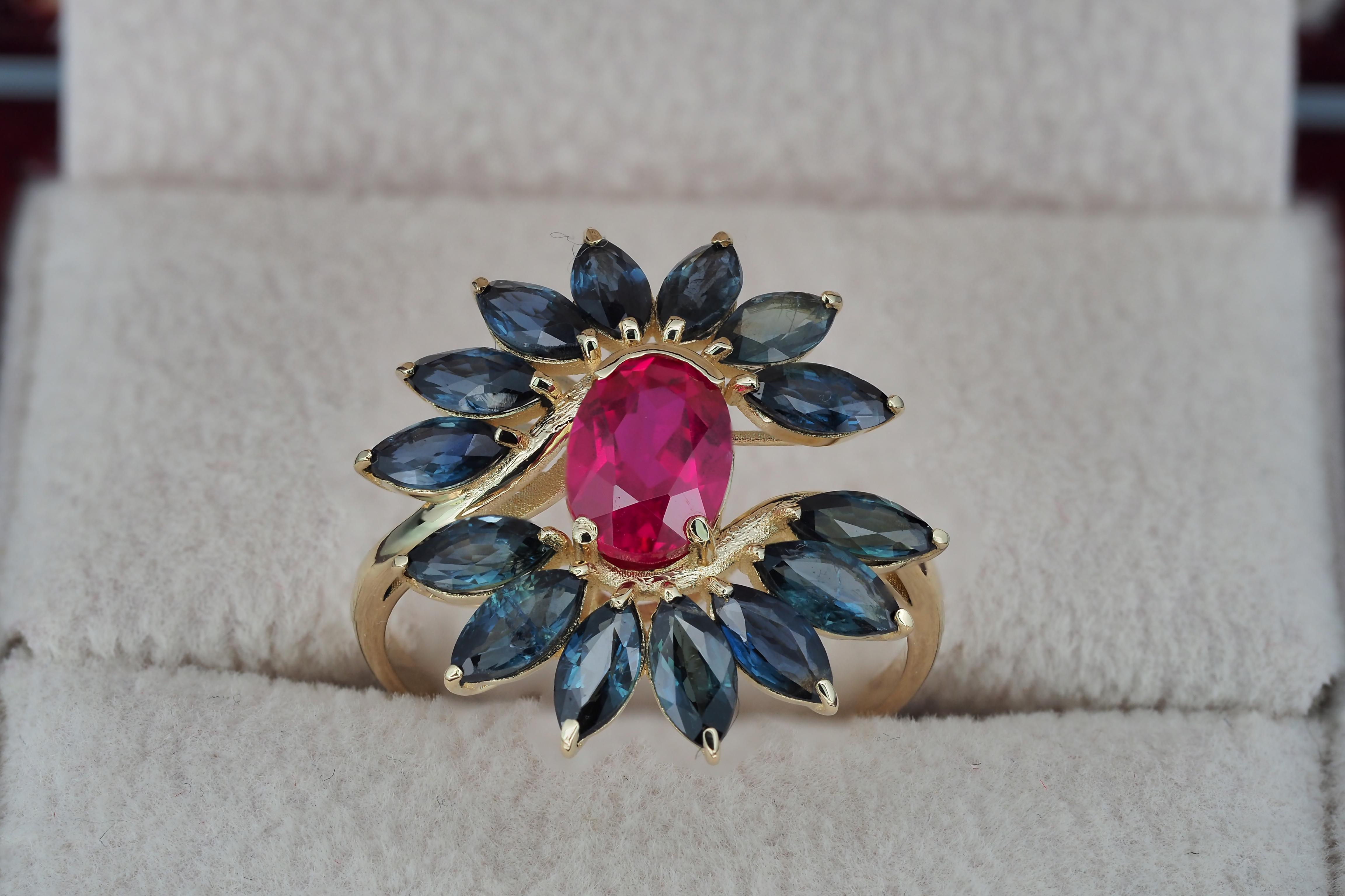 Unique ruby, sapphire 14k gold ring.  In New Condition For Sale In Istanbul, TR