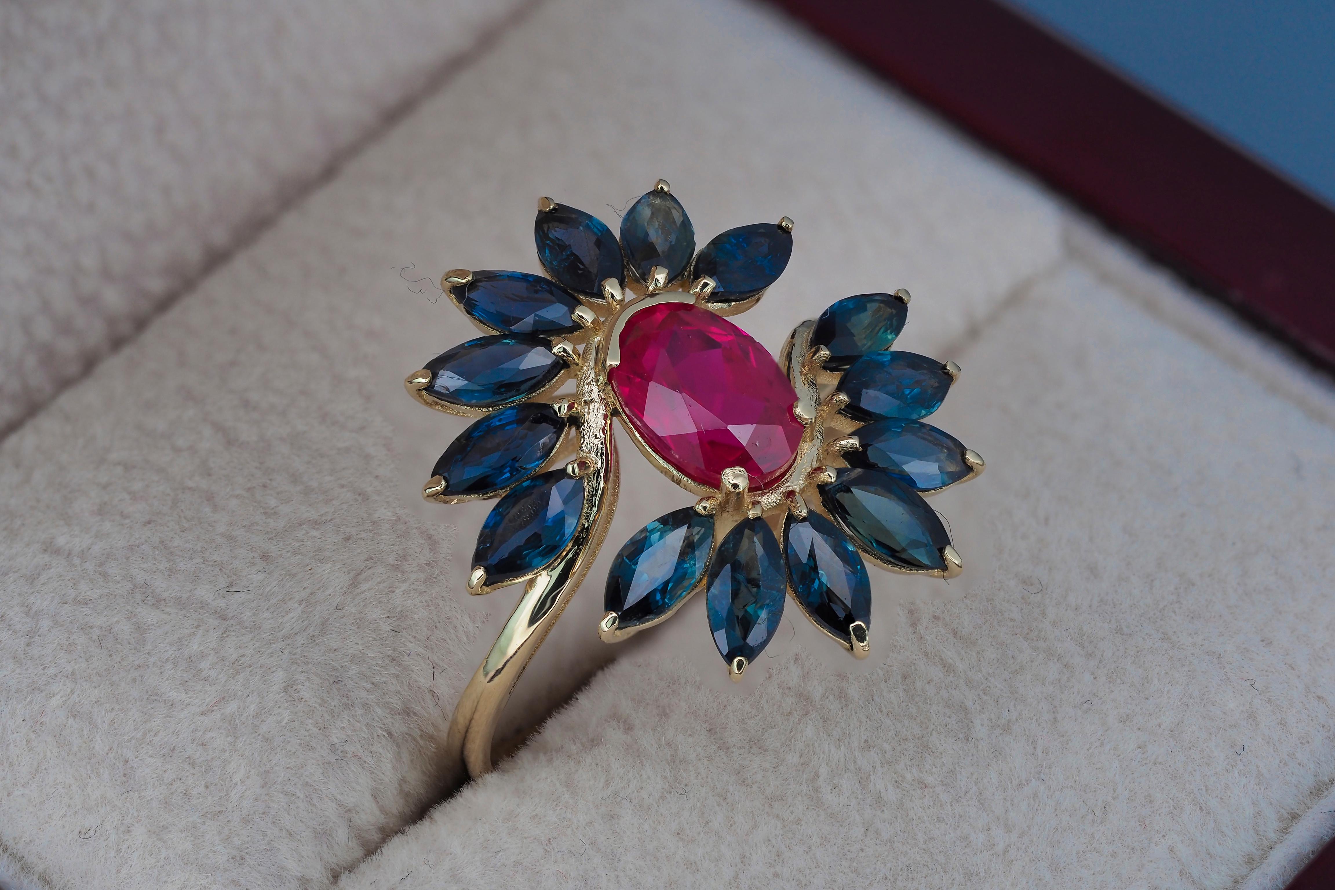 Women's Unique ruby, sapphire 14k gold ring.  For Sale