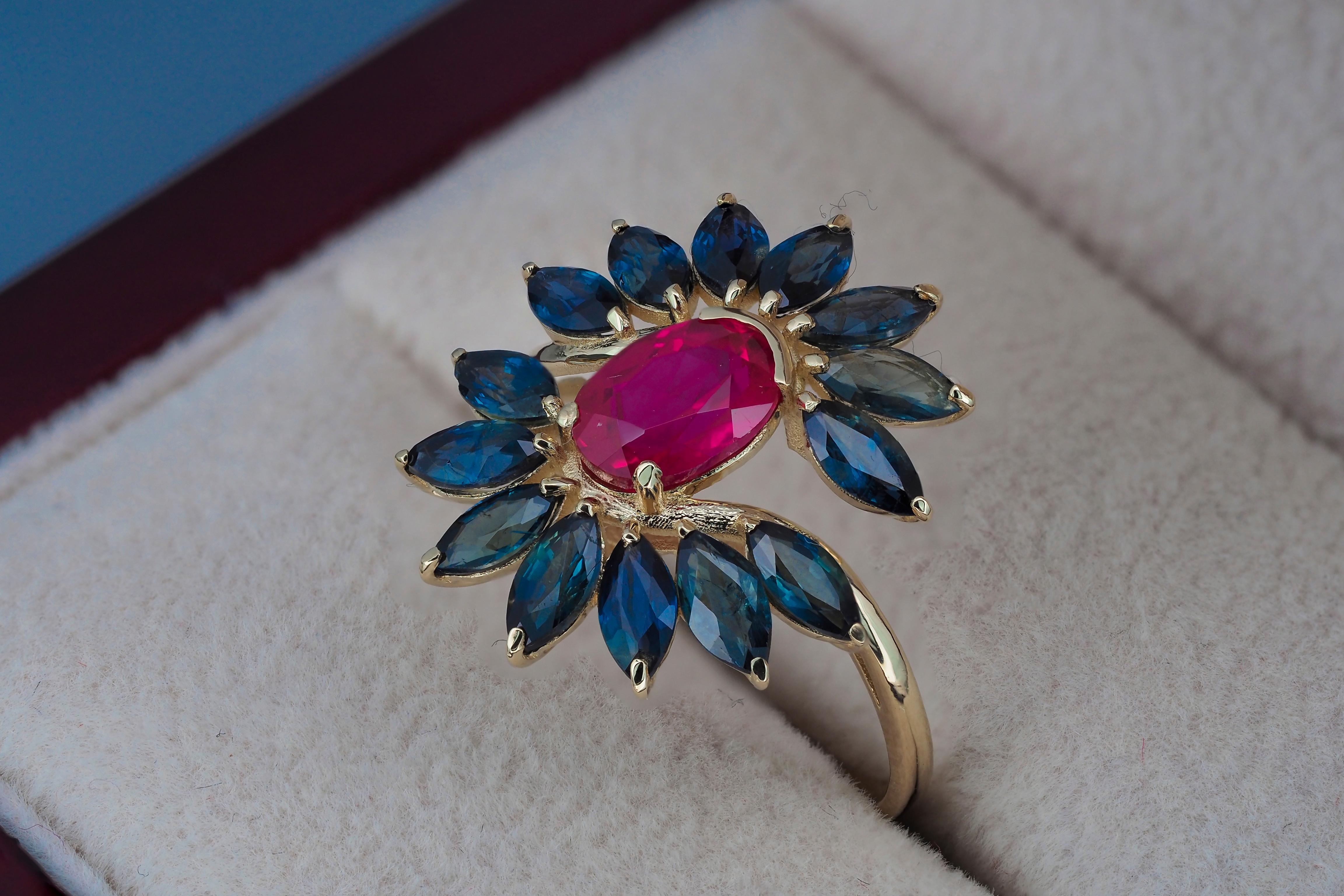 Unique ruby, sapphire 14k gold ring.  For Sale 1
