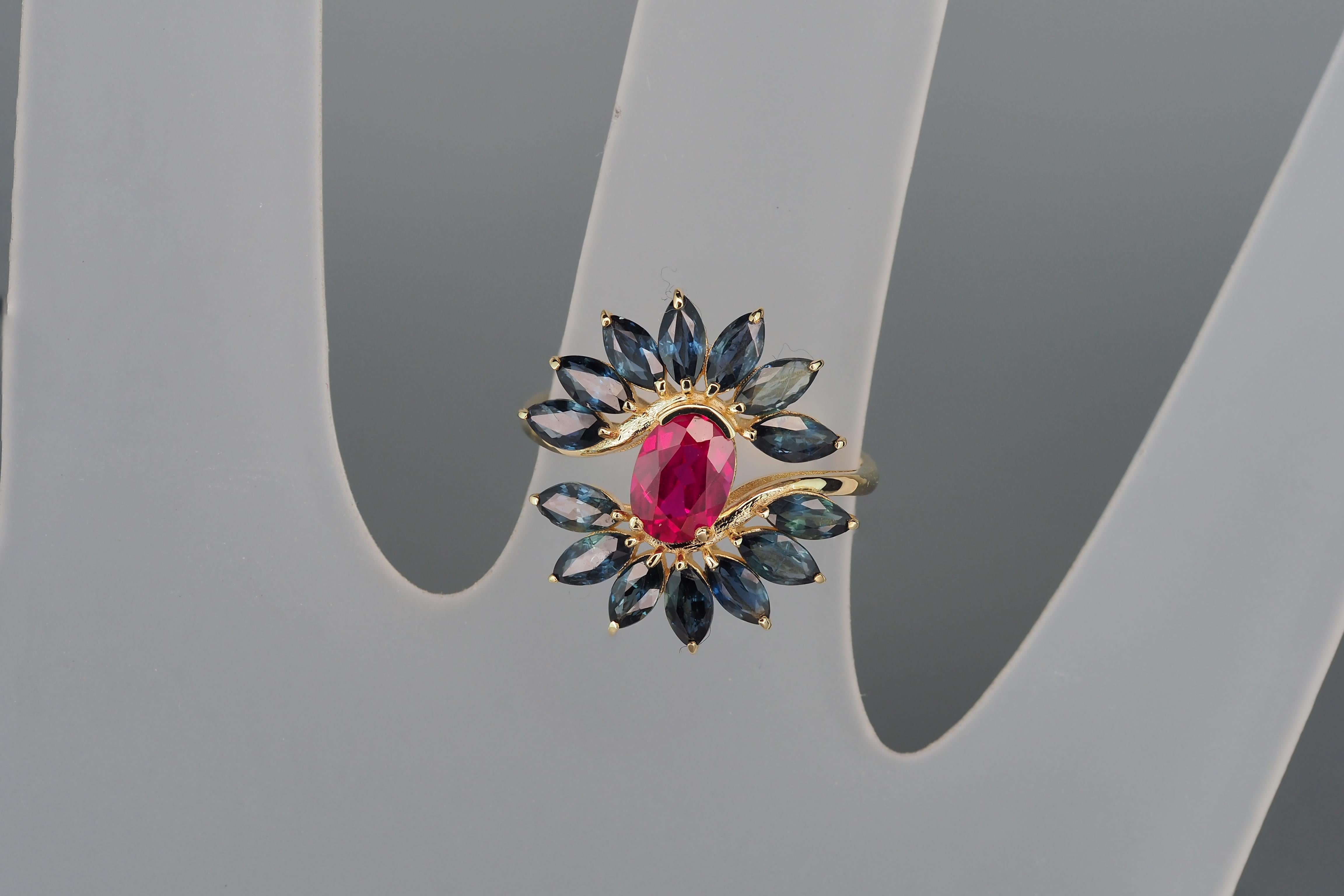 Unique ruby, sapphire 14k gold ring.  For Sale 2