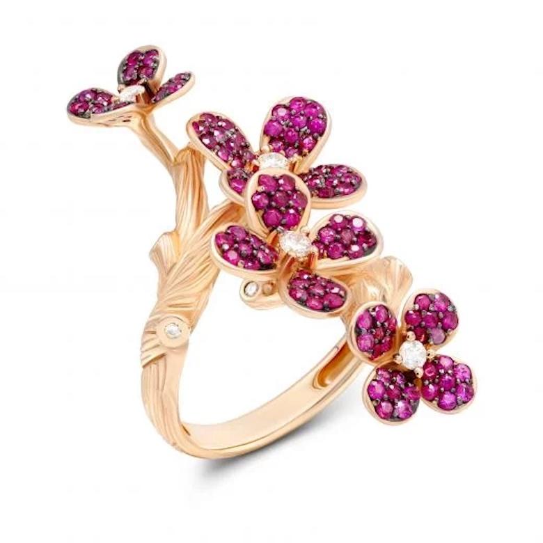 Antique Cushion Cut Unique Ruby White Diamond Rose Gold Band Ring for Her For Sale
