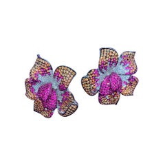 Unique Ruby Yellow Sapphire Diamonds White Gold 18K Earrings Lever-Back for Her
