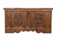 Unique Rustic Gothic Carved Chest with 18th-Century Iron Lock