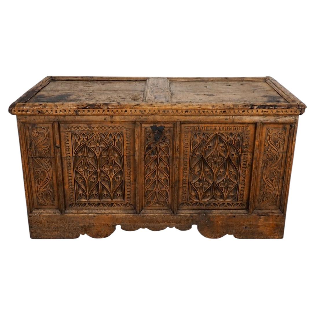 Gothic Carved Chest, Handcrafted Solid Wood, Tyrol, 16th-18th Century For Sale