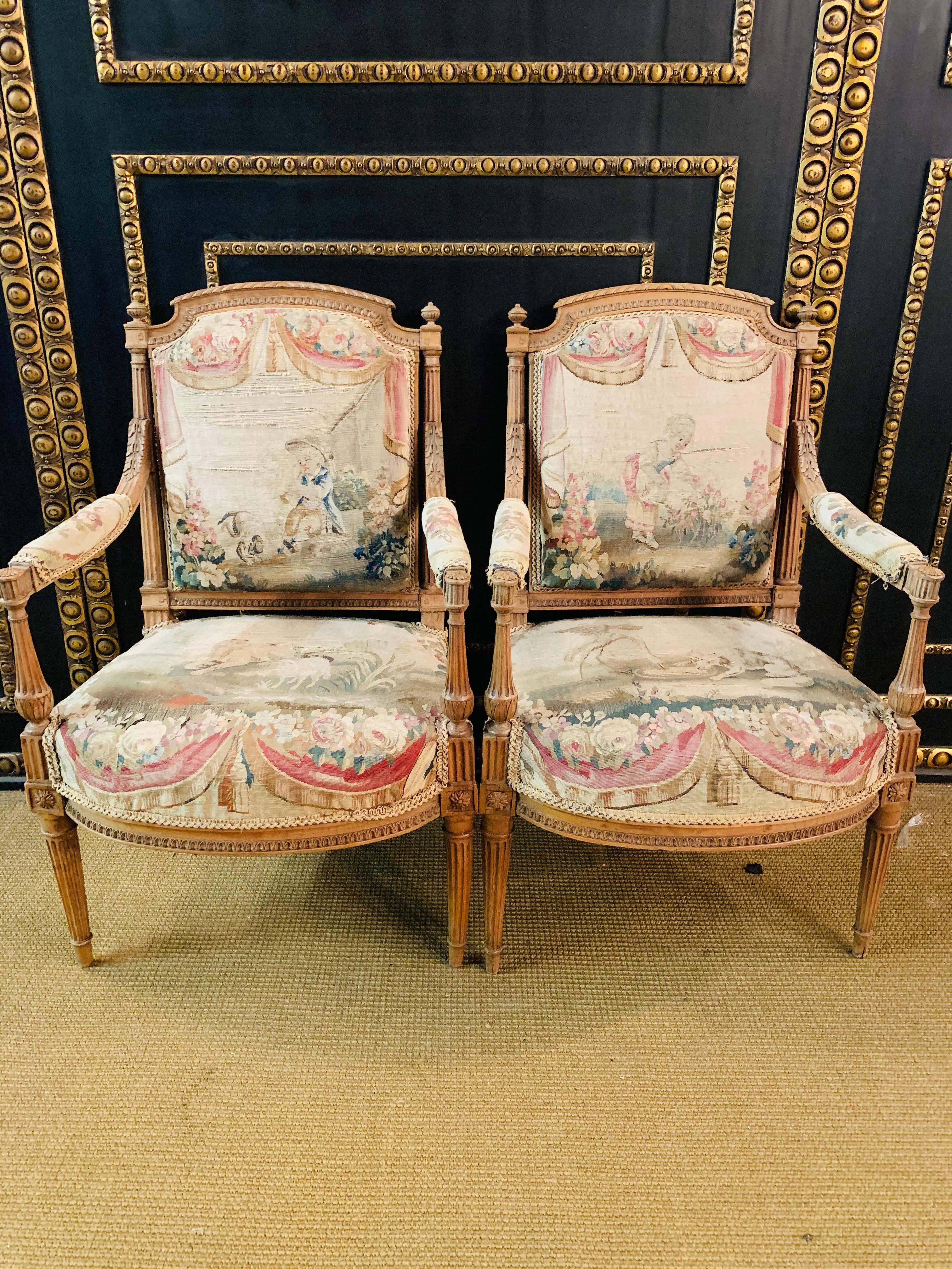 Louis XVI Unique Salon Chairs, France 19th Century, Solid Beech with Oak Tapestry/Gobelin