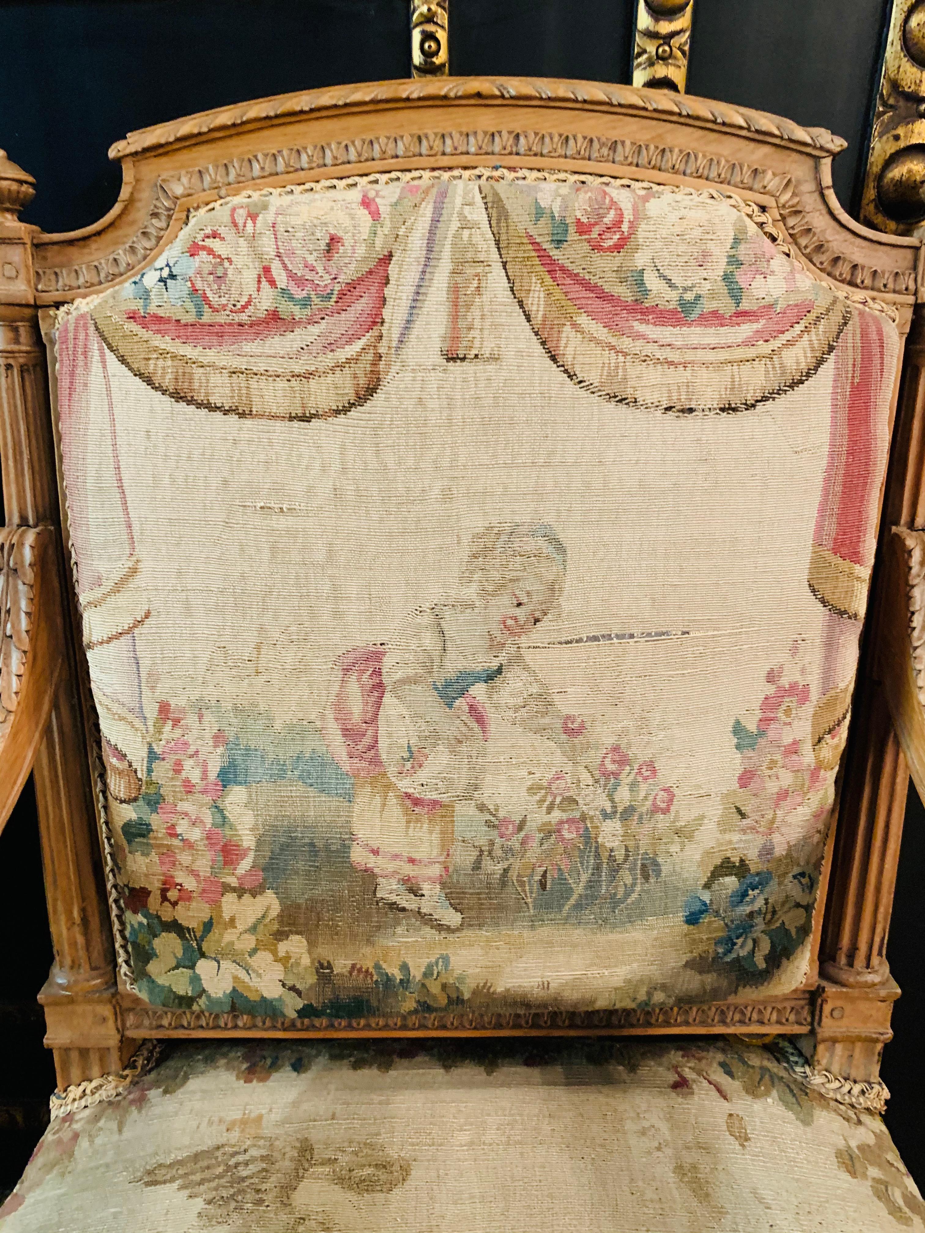 Einzigartige Salonstühle, Frankreich, 19. Jahrhundert, Massivholz Buche mit Eichenholz-Wandteppich/Gobelin 3