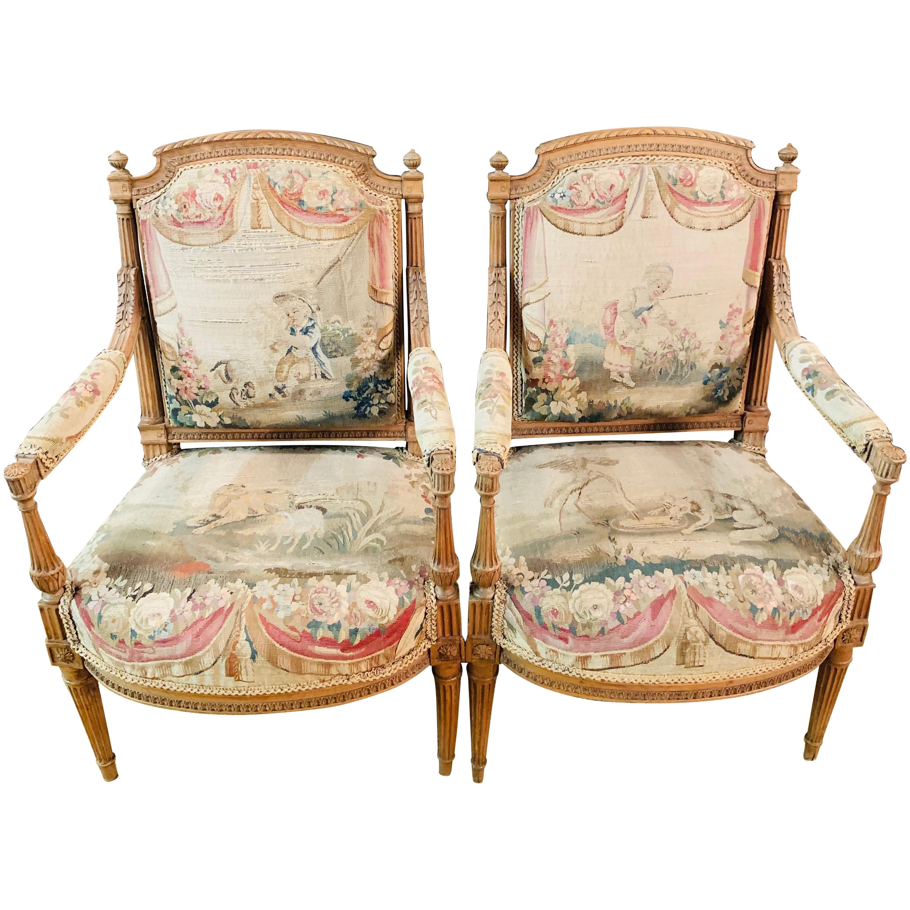 Unique Salon Chairs, France 19th Century, Solid Beech with Oak Tapestry/Gobelin