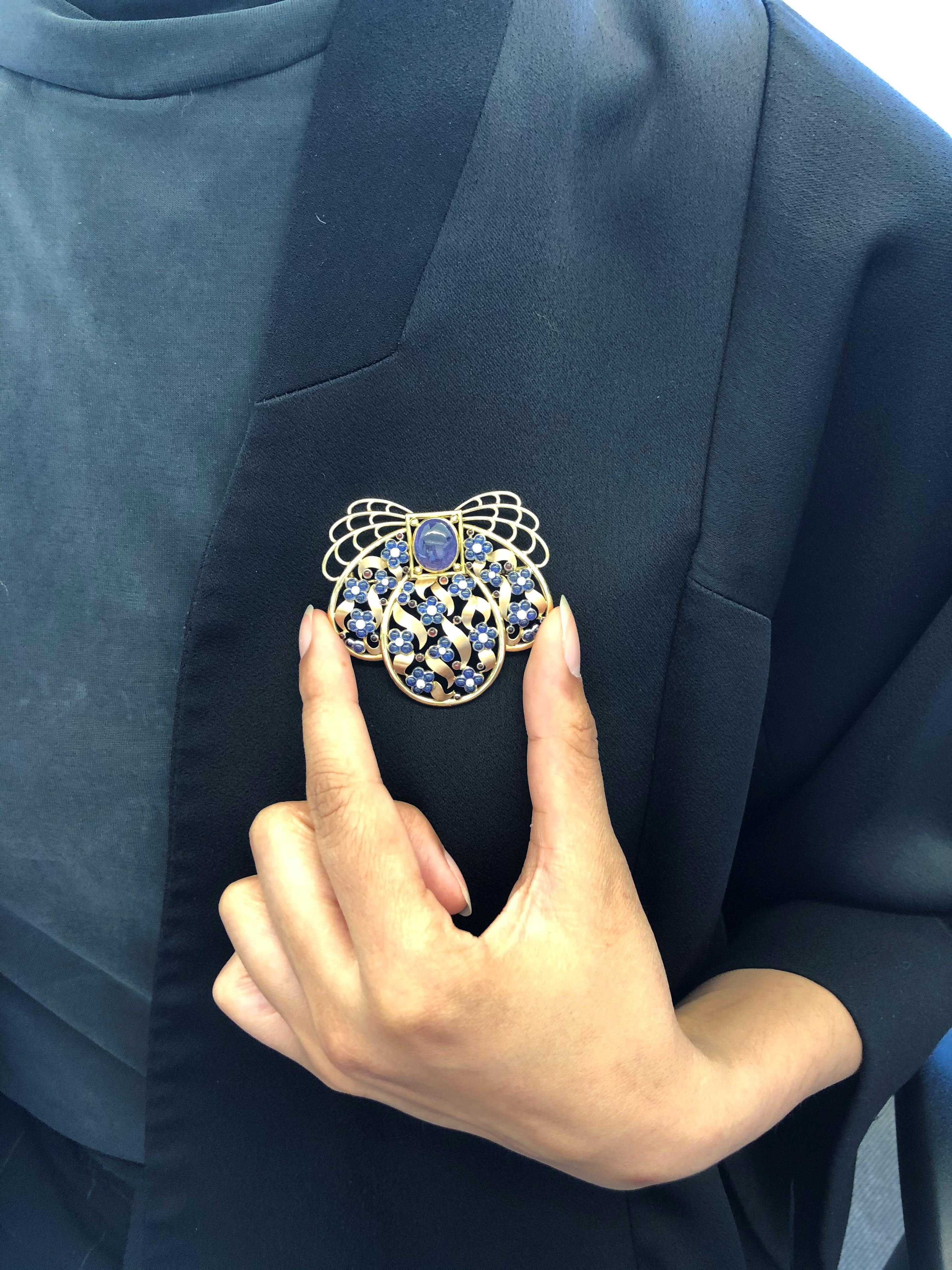 Artist Unique Sapphire and Diamond Brooch by Meister in 18 Karat Gold