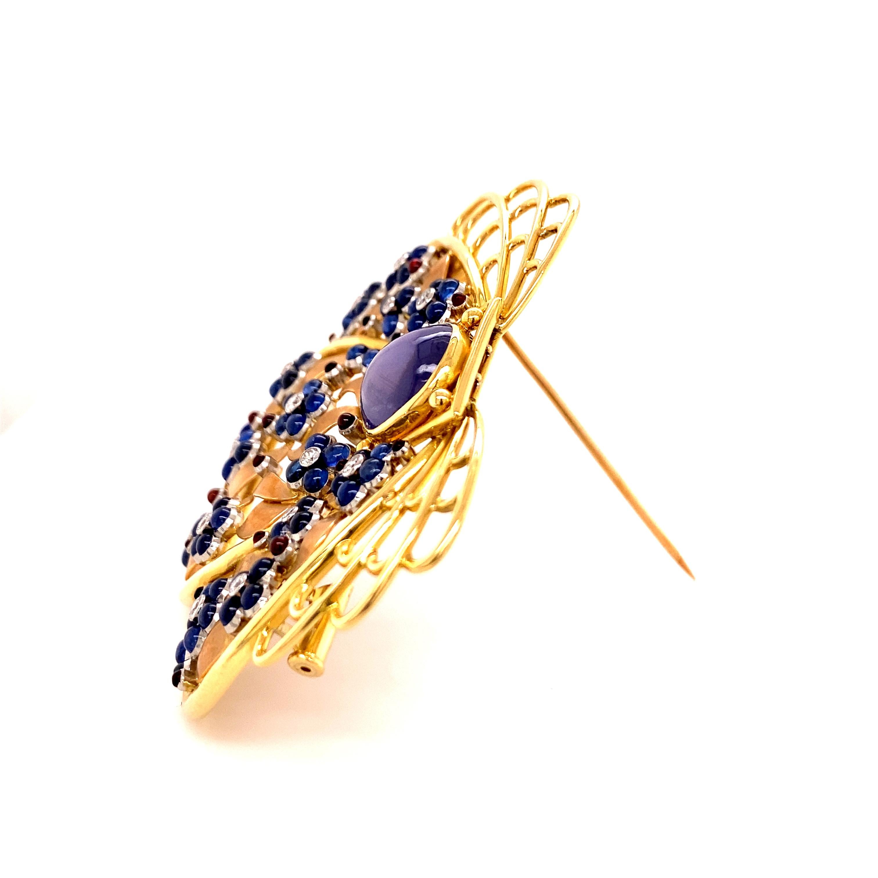 Cabochon Unique Sapphire and Diamond Brooch by Meister in 18 Karat Gold