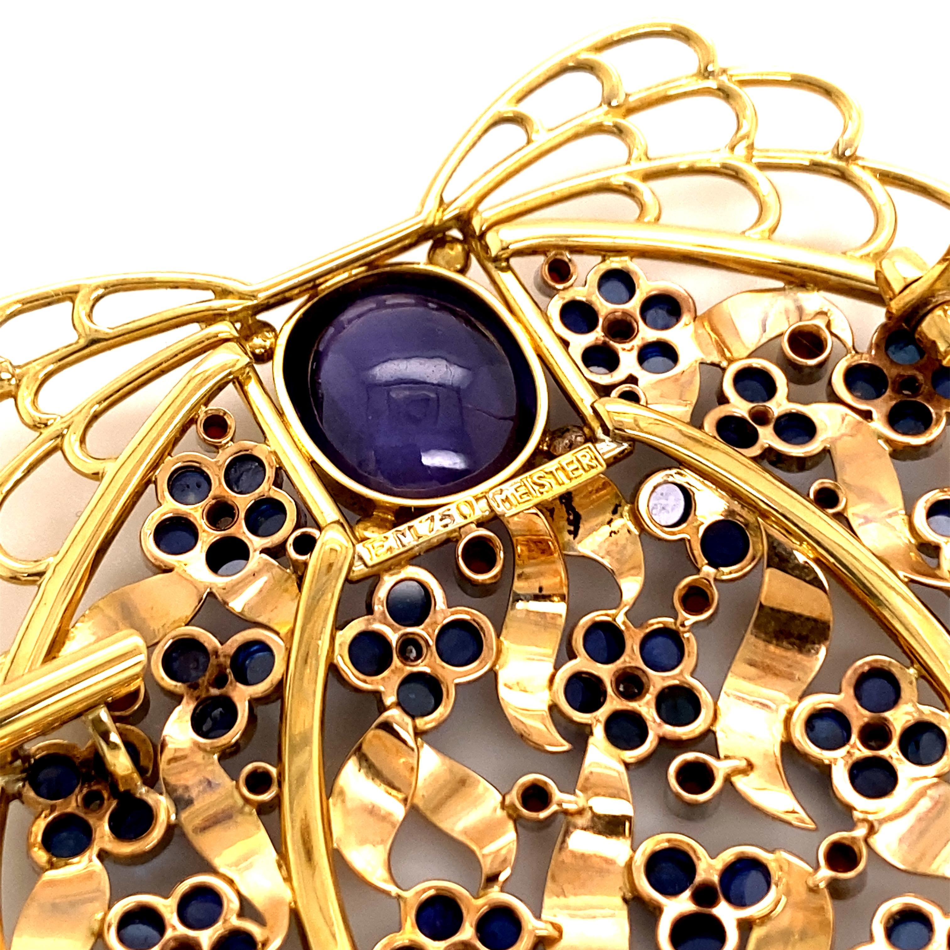 Women's or Men's Unique Sapphire and Diamond Brooch by Meister in 18 Karat Gold