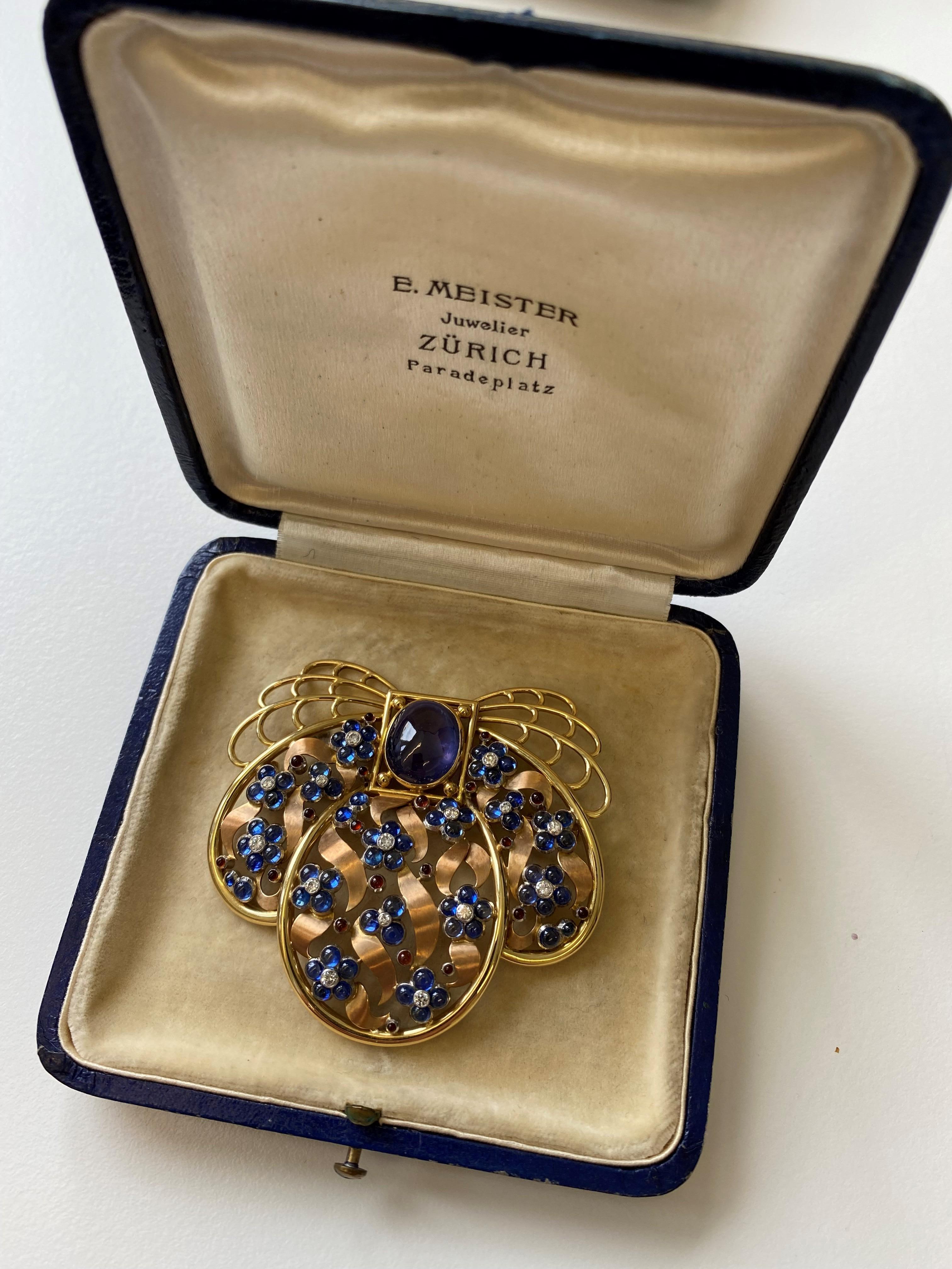 Unique Sapphire and Diamond Brooch by Meister in 18 Karat Gold 3