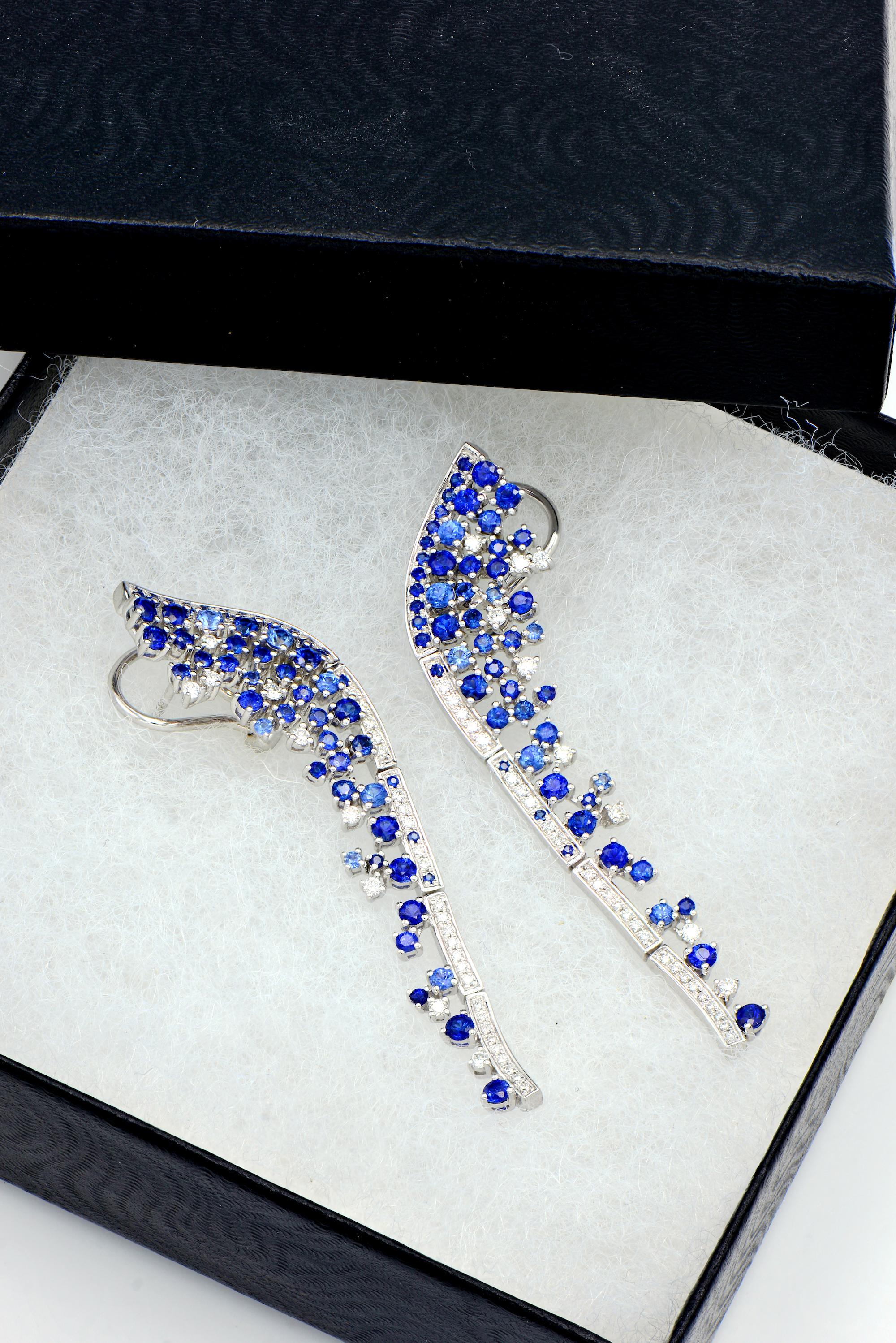 Contemporary Unique Sapphire and Diamond Earrings For Sale
