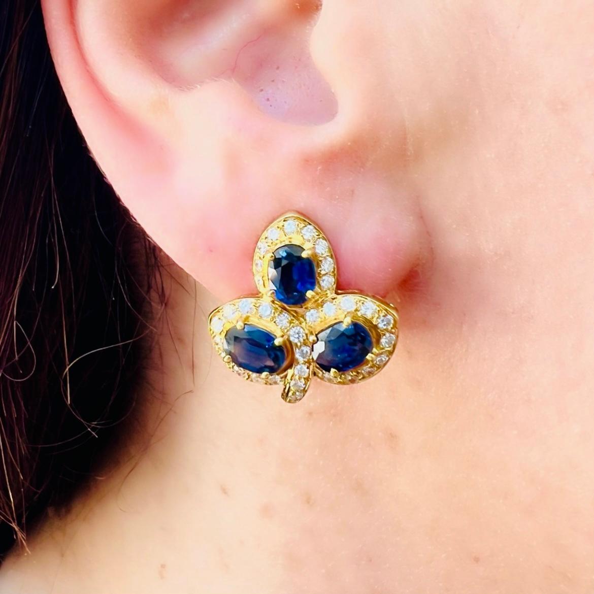 Oval Cut Unique Sapphire & Diamond 18 Karat Yellow Gold Estate Earrings For Sale