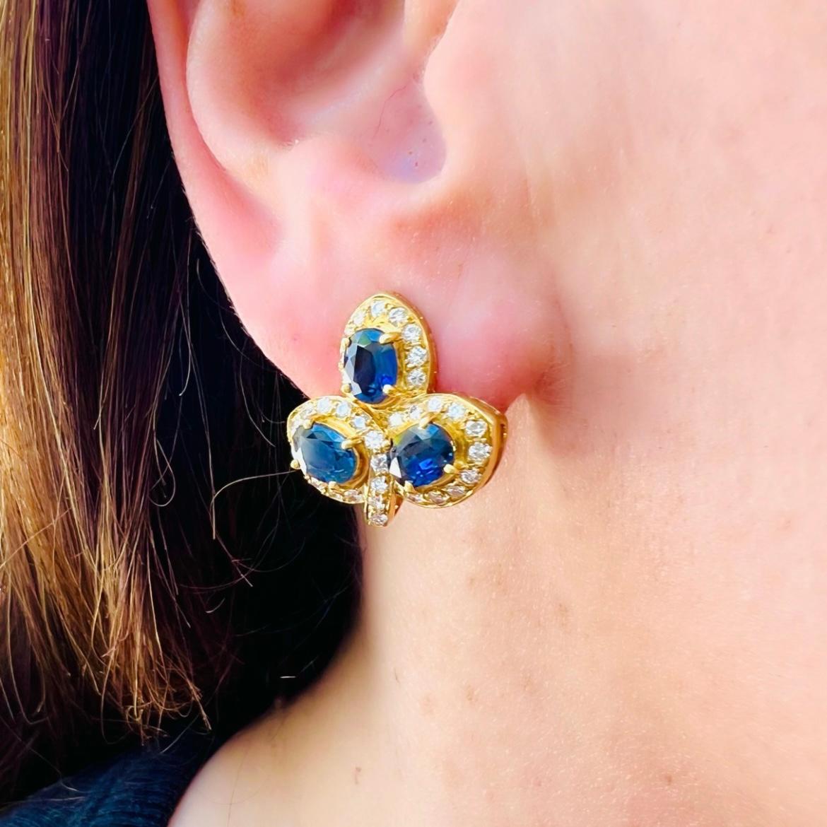 Unique Sapphire & Diamond 18 Karat Yellow Gold Estate Earrings In Excellent Condition For Sale In San Francisco, CA