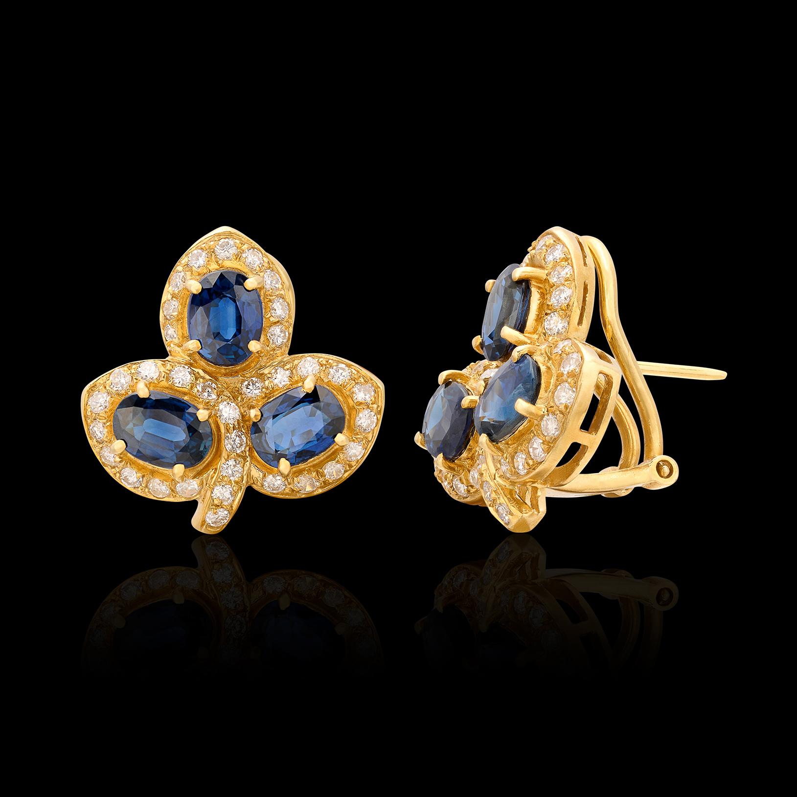 Women's Unique Sapphire & Diamond 18 Karat Yellow Gold Estate Earrings For Sale