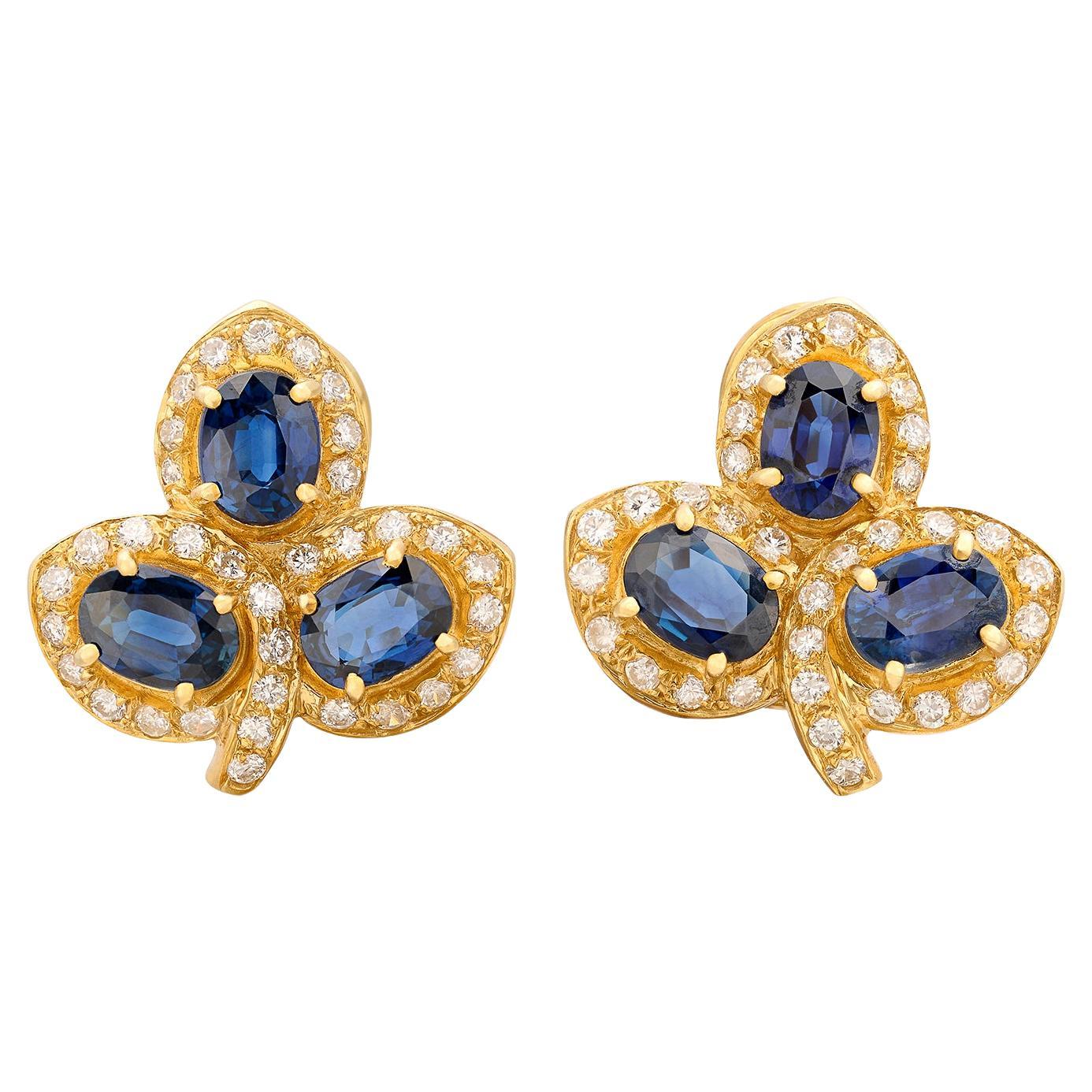 Unique Sapphire & Diamond 18 Karat Yellow Gold Estate Earrings For Sale