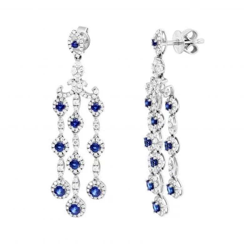Unique Sapphire Diamond Earrings White 14K Dangle Gold for Her In New Condition For Sale In Montreux, CH