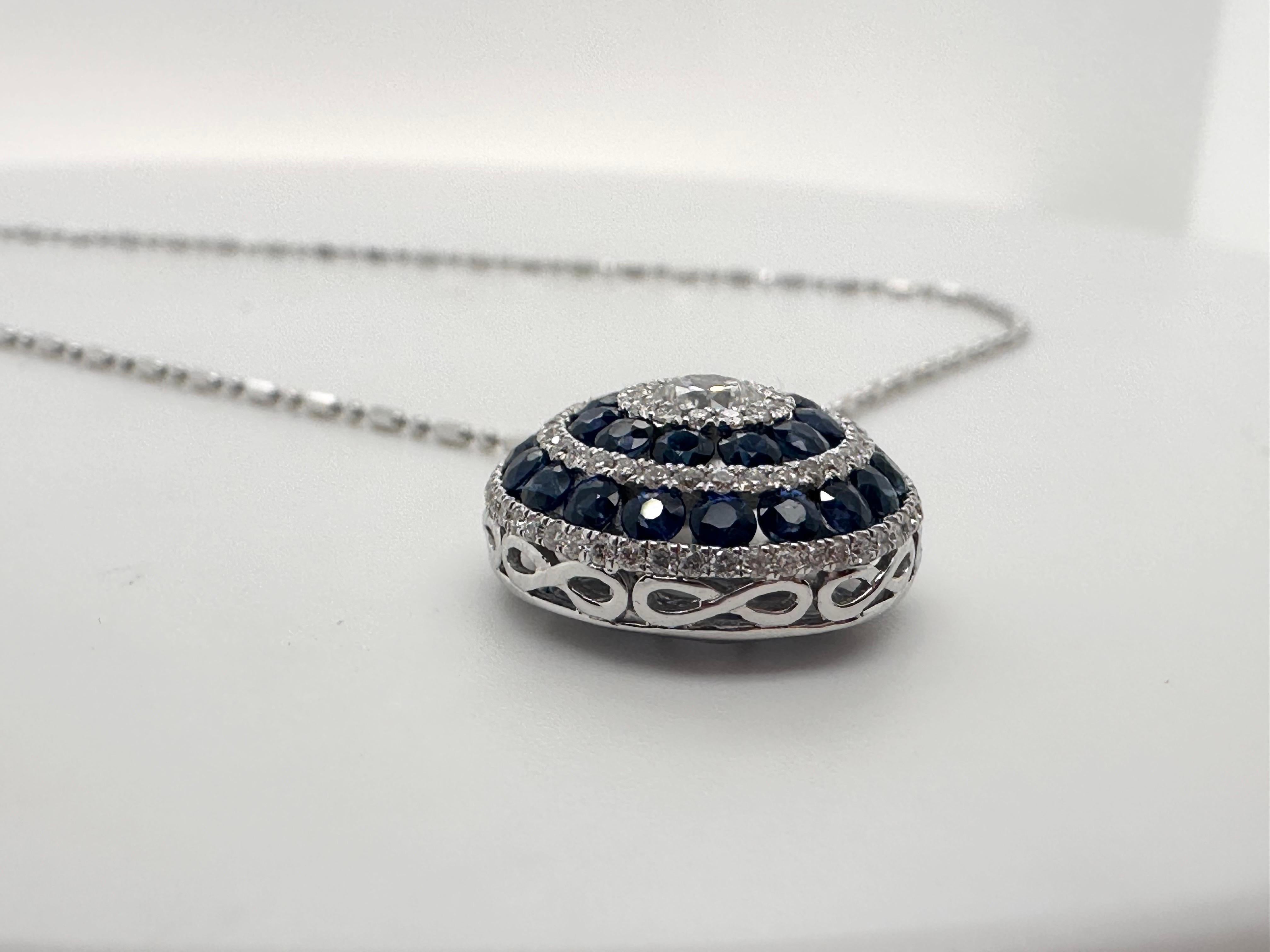 Round Cut Unique Sapphire & Diamond pendant necklace 18KT fancy large pendant For Sale