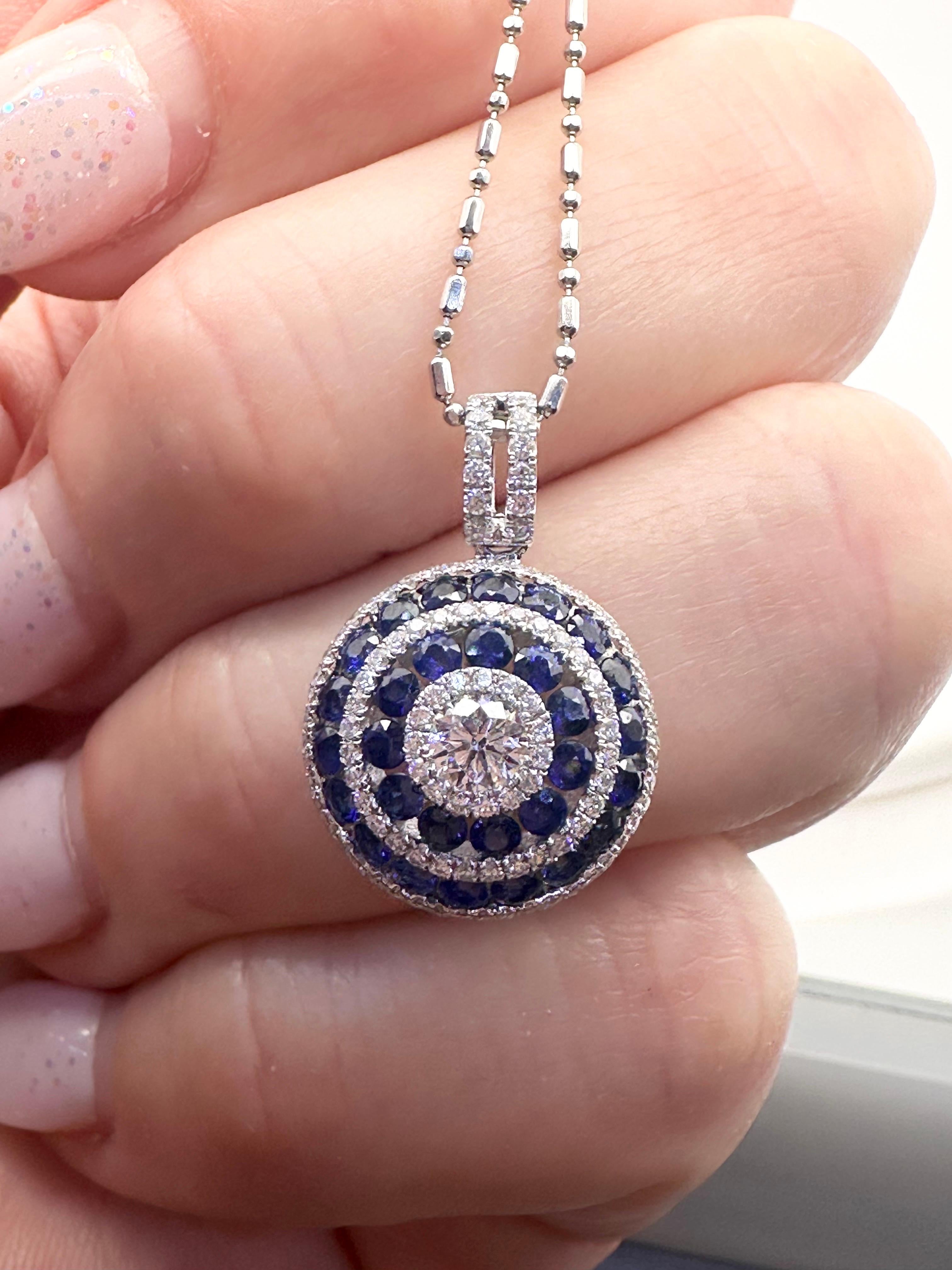 Unique Sapphire & Diamond pendant necklace 18KT fancy large pendant In New Condition For Sale In Boca Raton, FL