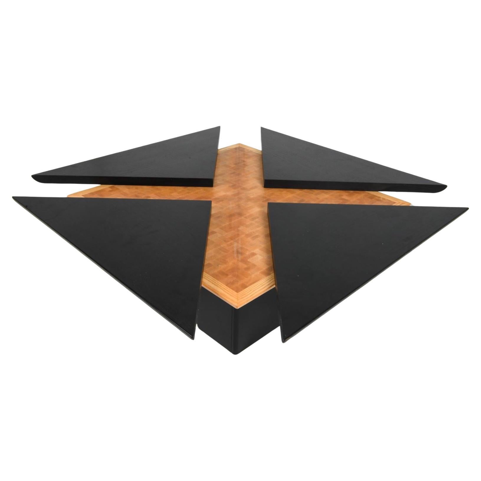 Woodwork Unique Scandinavian wood Black coffee table with Triangle extensions For Sale