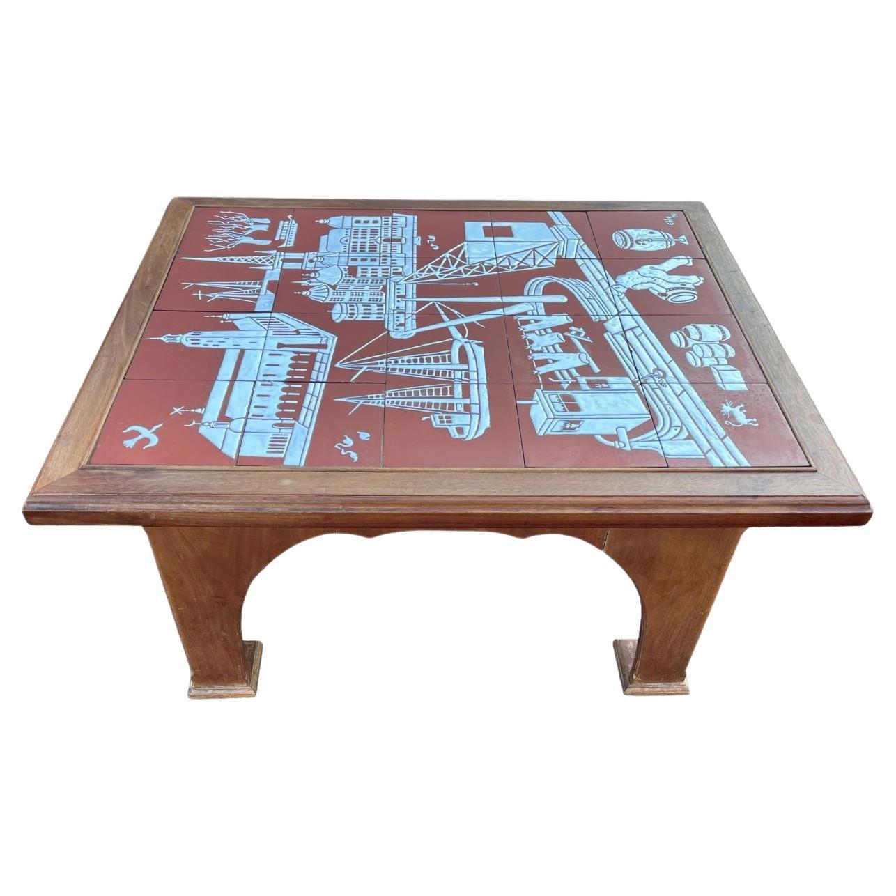 Beautiful Scandinavian Modern solid walnut tile top table by Ebbe, 1941. The tiles depict Scandinavian life as noted with a church and a castle, as well as sea and nature scenes. Table is in original condition and has not been restored. One small
