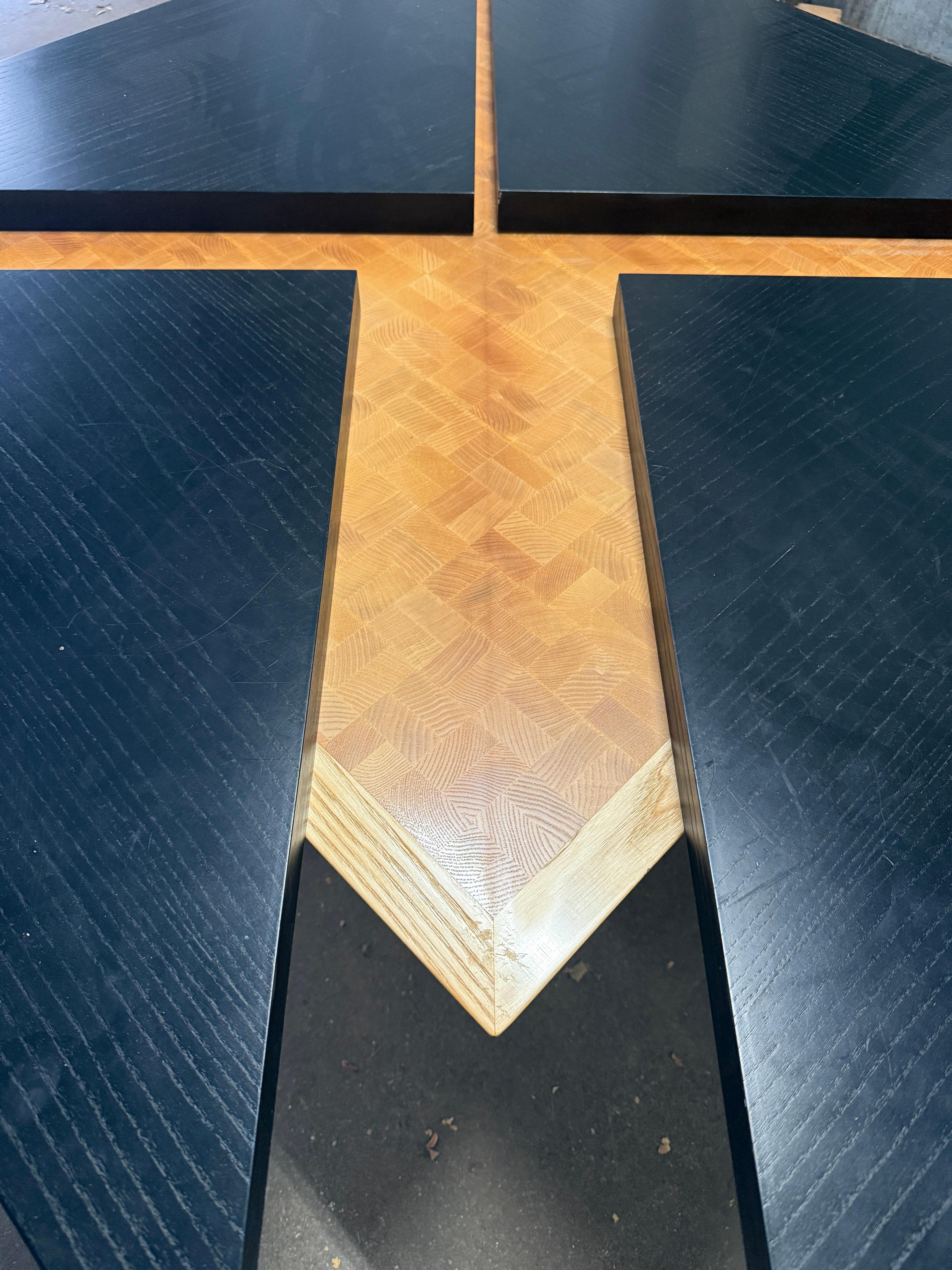 Unique Scandinavian wood Black coffee table with Triangle extensions In Good Condition For Sale In Brooklyn, NY