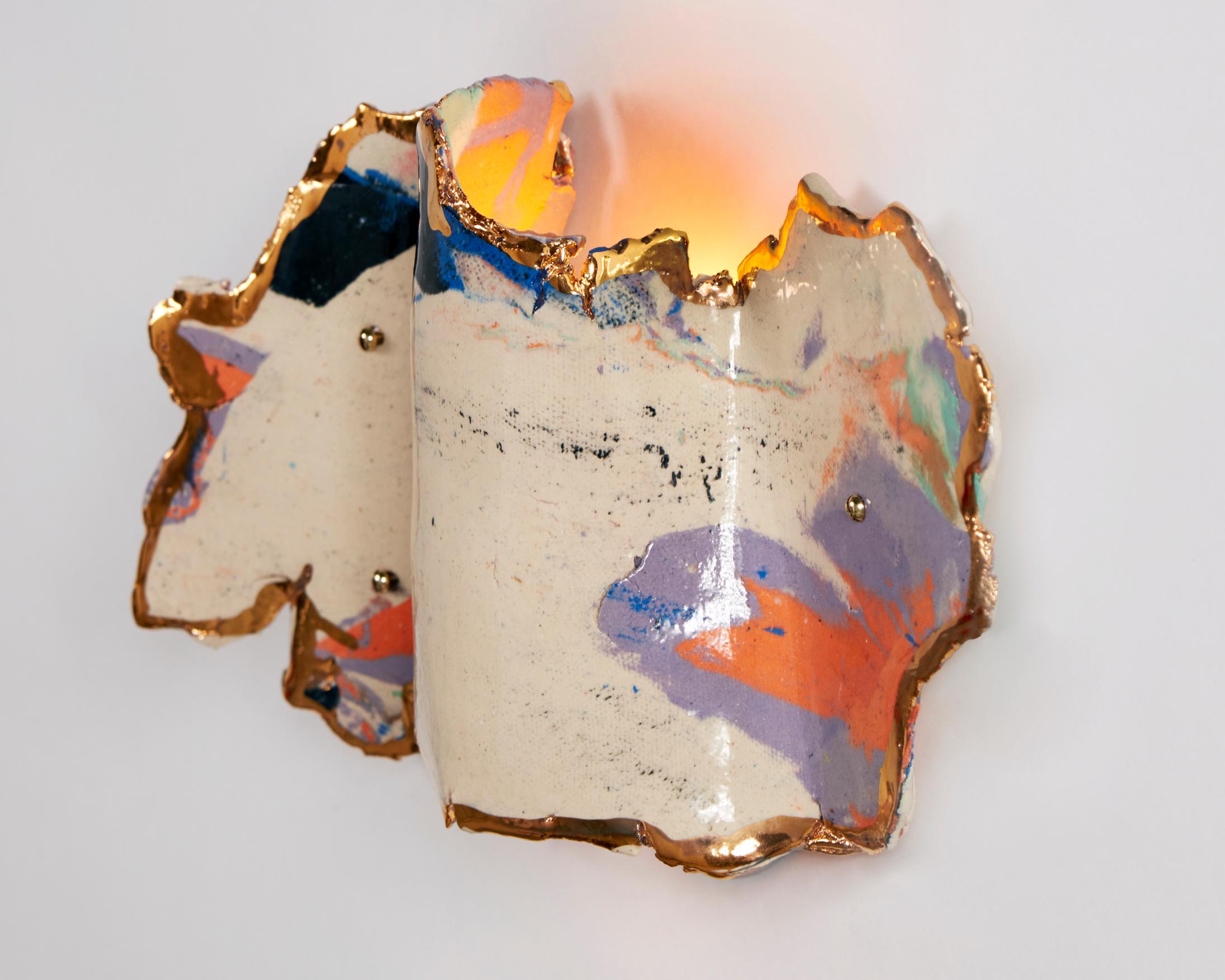 Unique sconce in multicolored glazed porcelain. Designed and made by Katie Stout, USA, 2019.