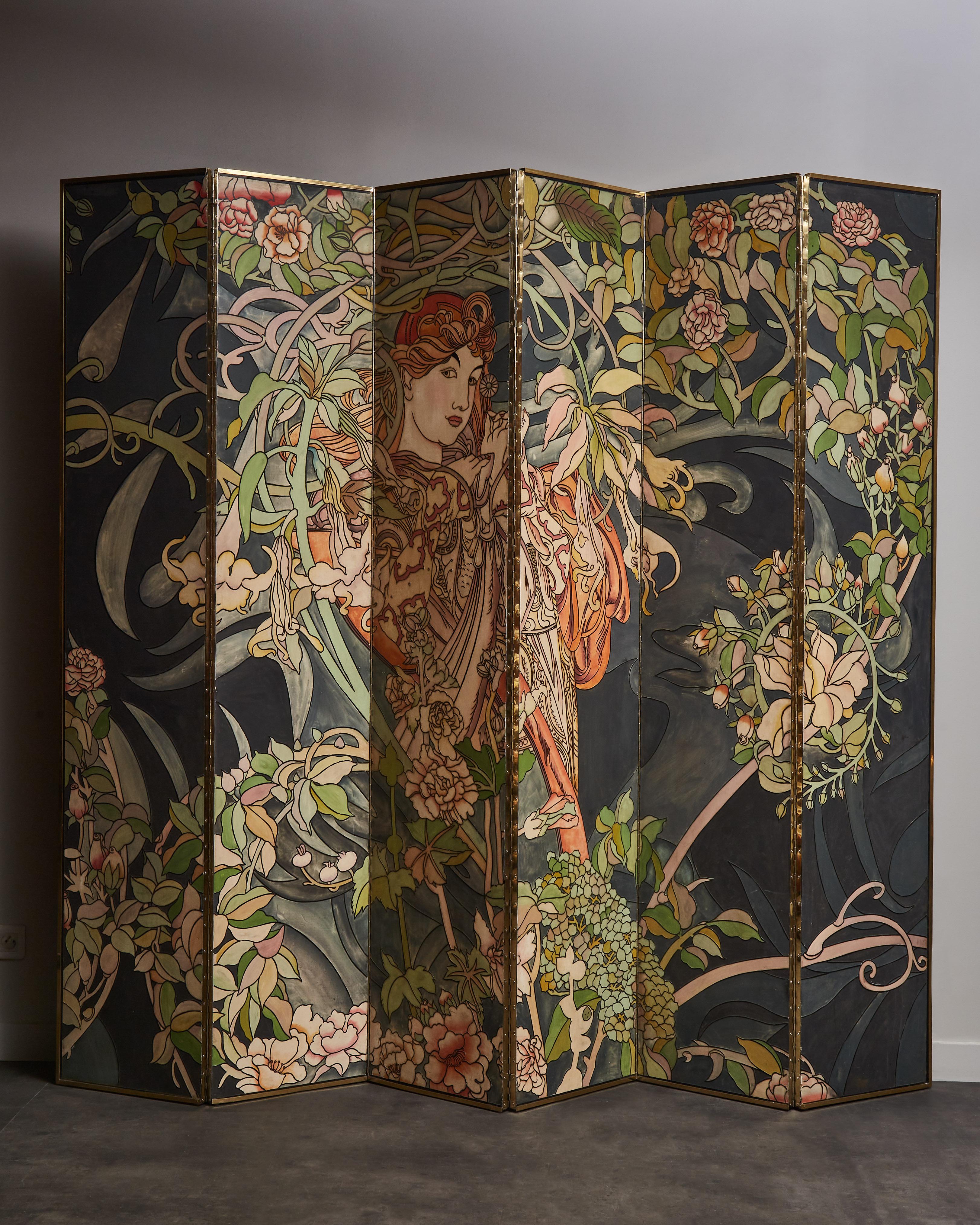 Unique vintage figurative screen composed by 6 panels in tainted wood worked in marquetry. Structure in brass.
Italy, 1920s