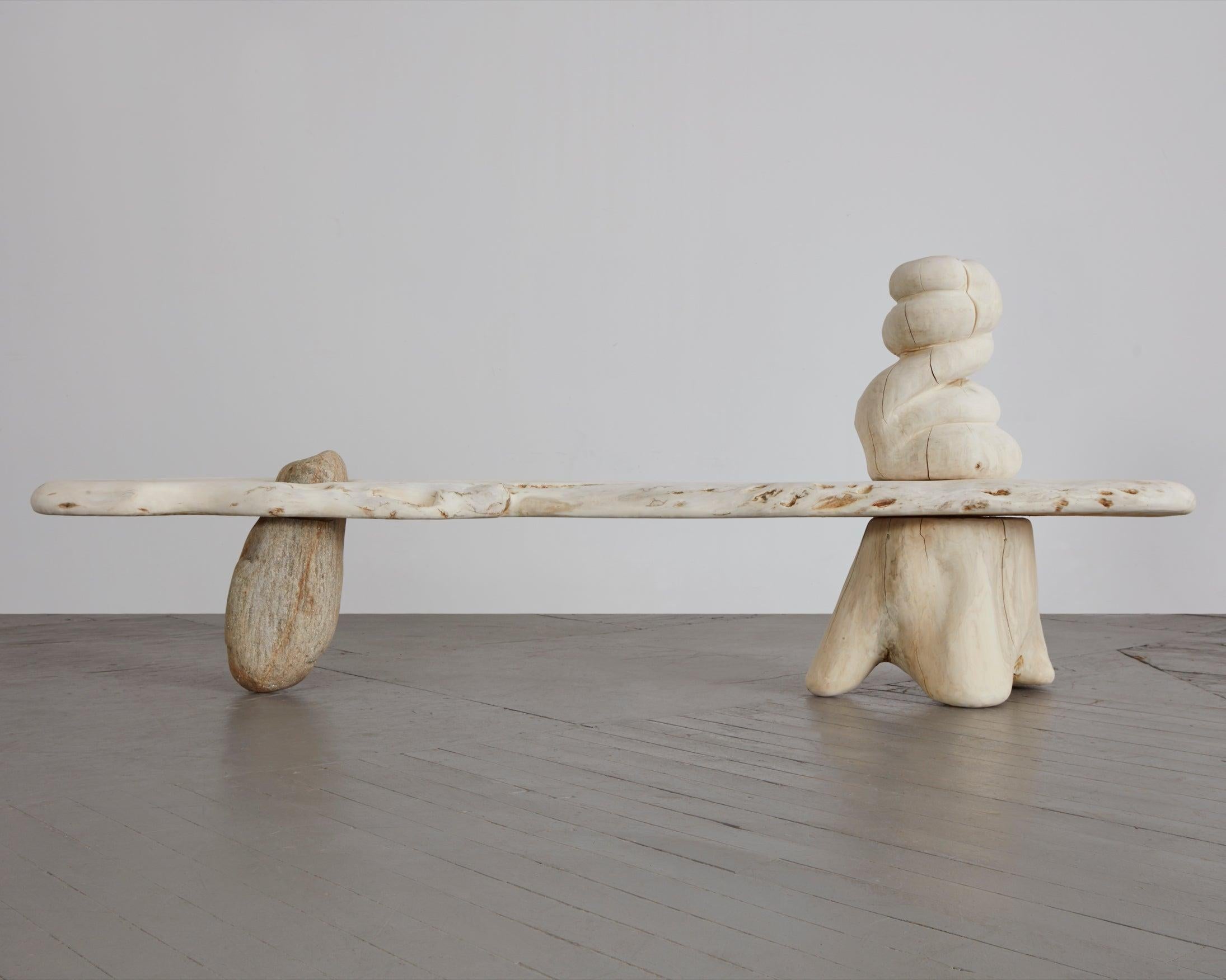 Unique sculptural bench in bleached maple and stone. Designed and made by Rogan
Gregory, USA, 2019.