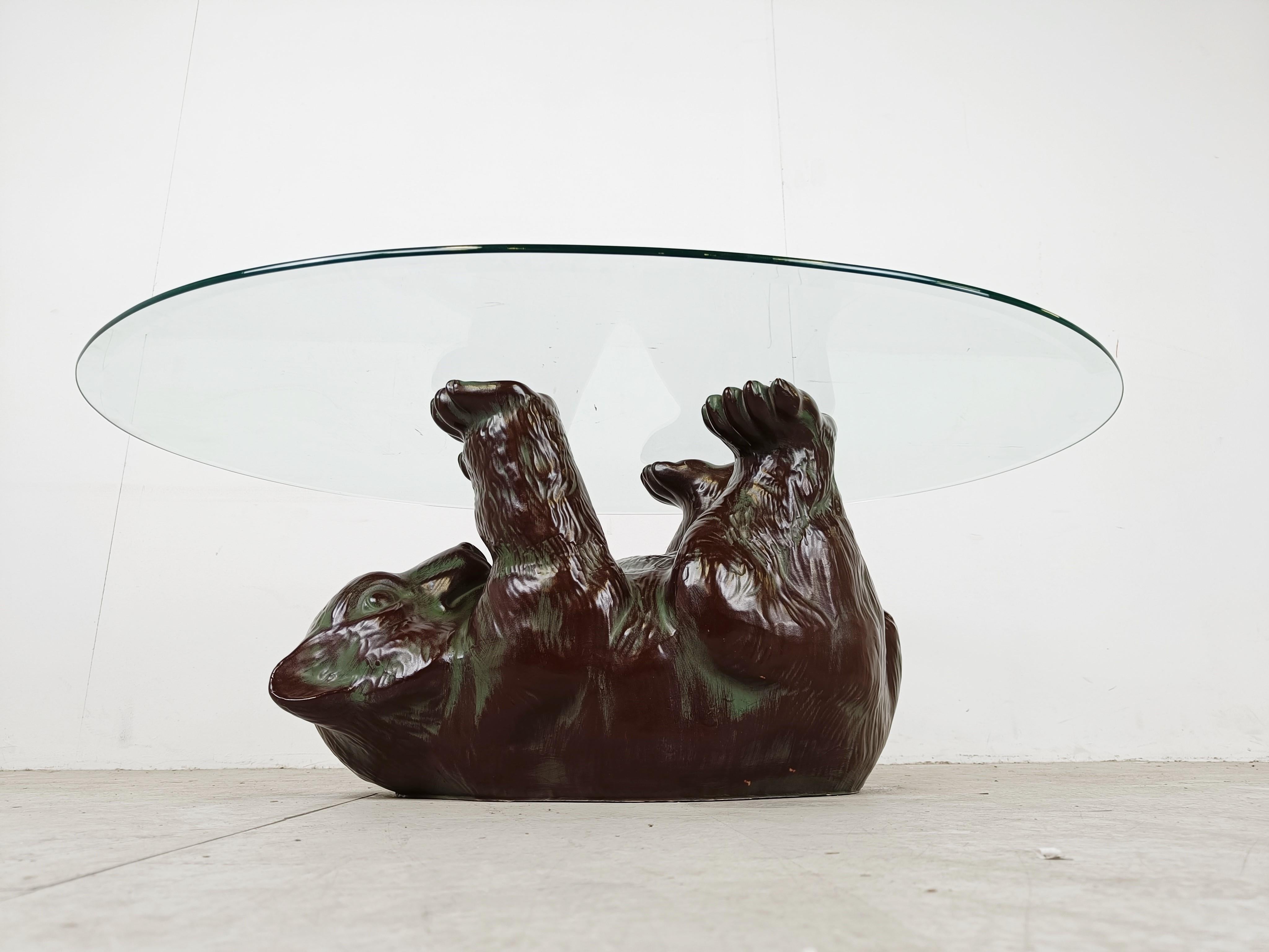 Glass Unique Sculptural Black Bear Coffee Table, 1970s