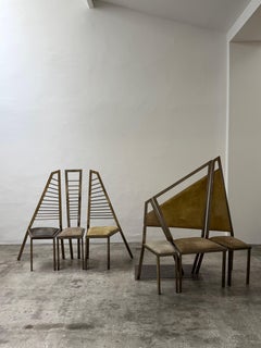 Einzigartige Stühle im skulpturalen Design, Steele und Leder, 6er-Set, 1980er Jahre