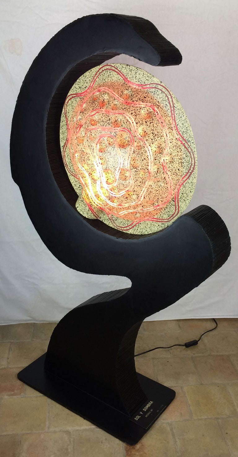 Unique Sculptural Floor Lamp in Ebonized and Bamboo Resin Shade, Signed