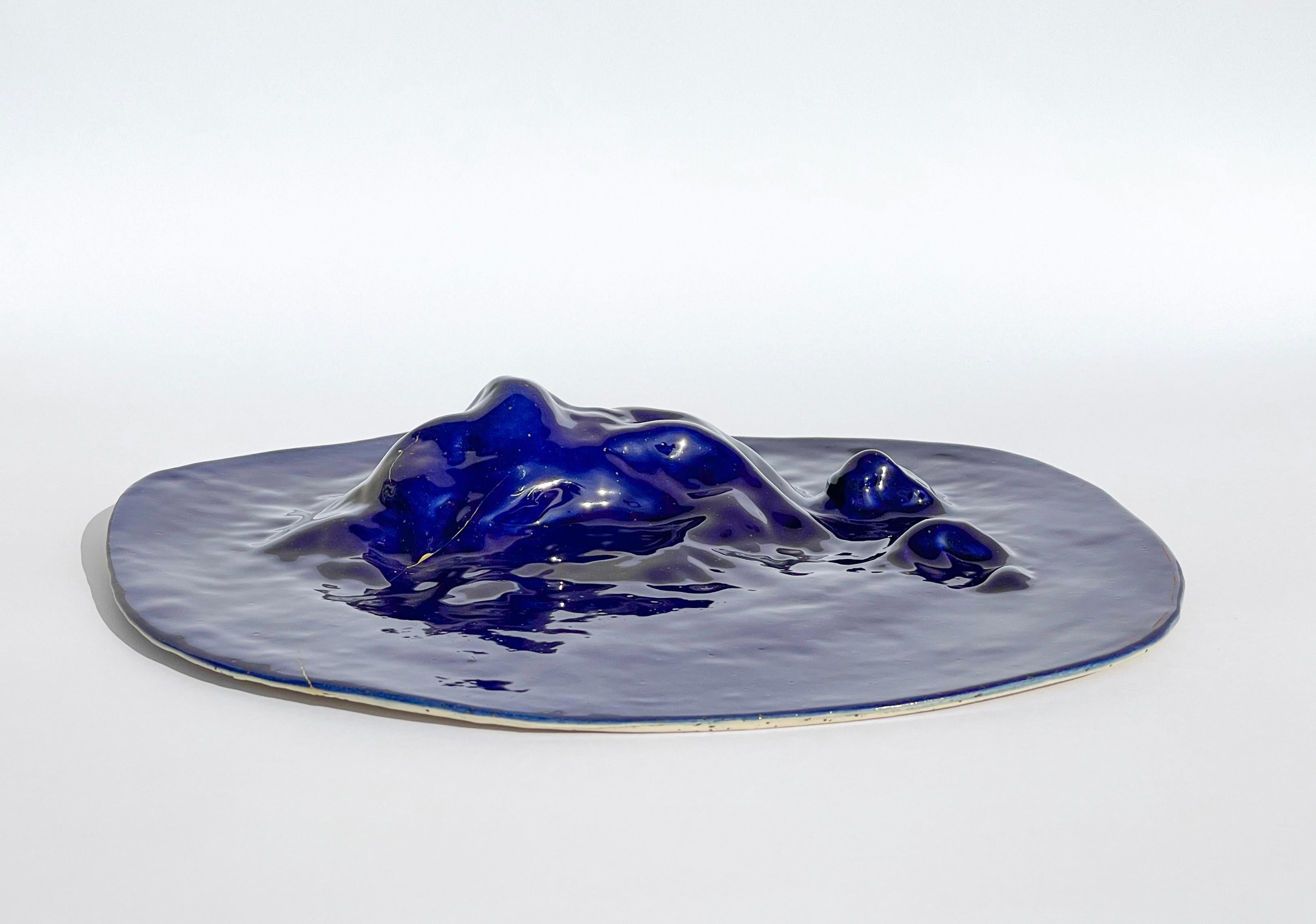 Glazed Unique Sculptural 'Gongshi' Plates N0.15 Objet D'art Cobalt Blue For Sale
