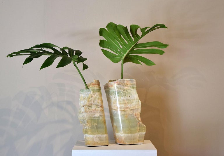 Organic Modern Unique Sculptural Hand Carved Onix Flower Vase For Sale