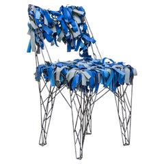 Unique sculptural metal chair with Blue Leather by Anacleto Spazzapan