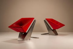 Unique Sculptural Pair of Lounge Chairs in Metal and Red Leather, Italy 1960s