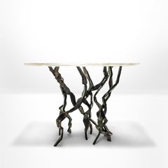 Unique sculptural platinum and white gold leaf coated metal and crystal console